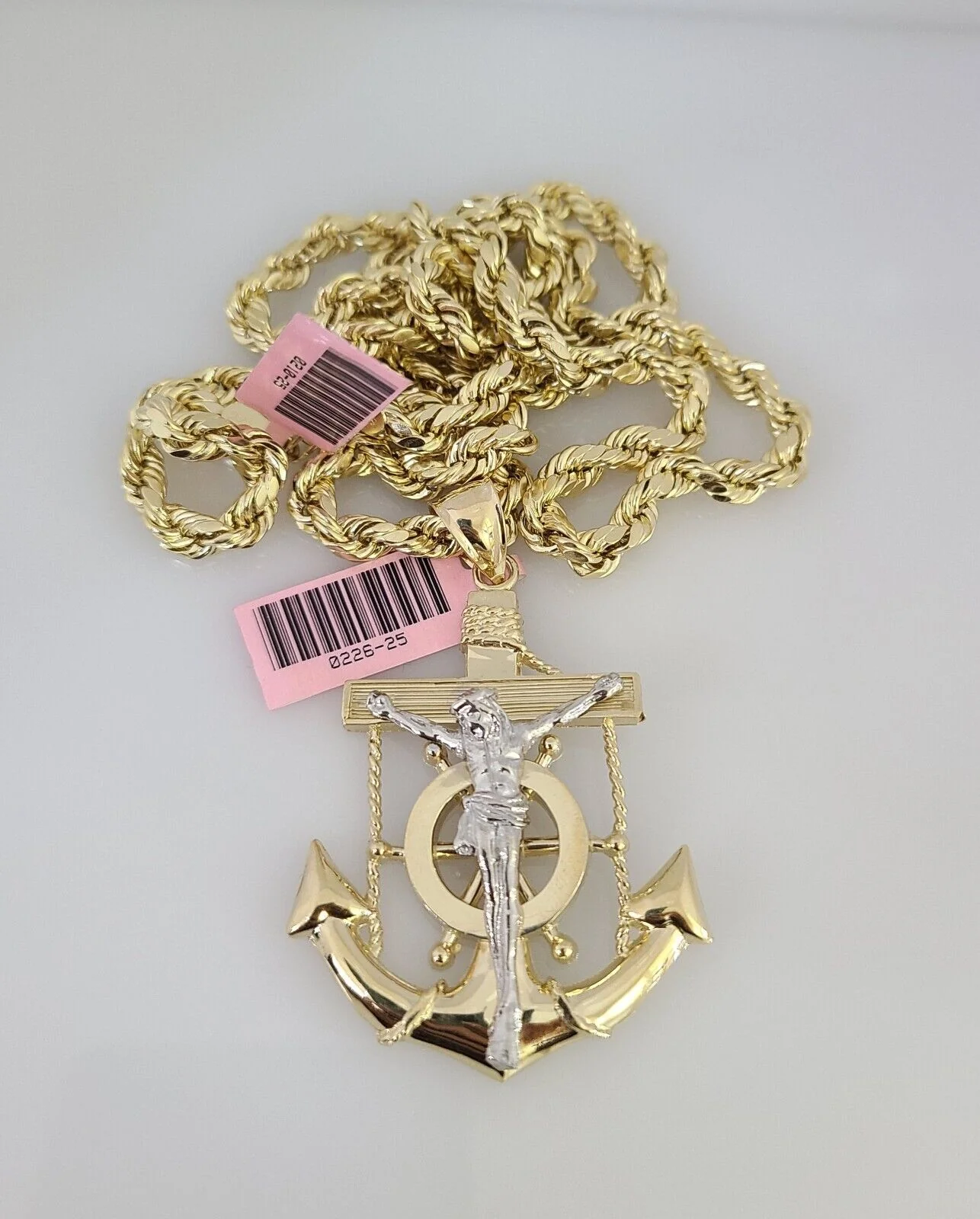 14k Gold Rope Chain Necklace Set 6mm Jesus Anchor Charm Pendant 18"-28" inch - Image 3
