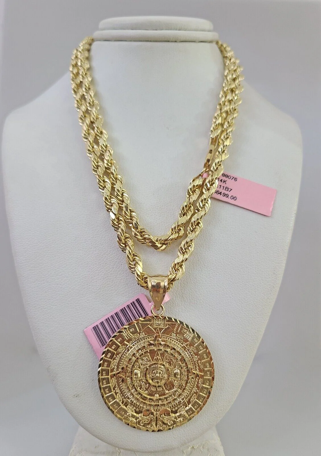 14k Gold Rope Chain Necklace Set 6mm Mayan Calendar Charm Pendant 18"-28" inch