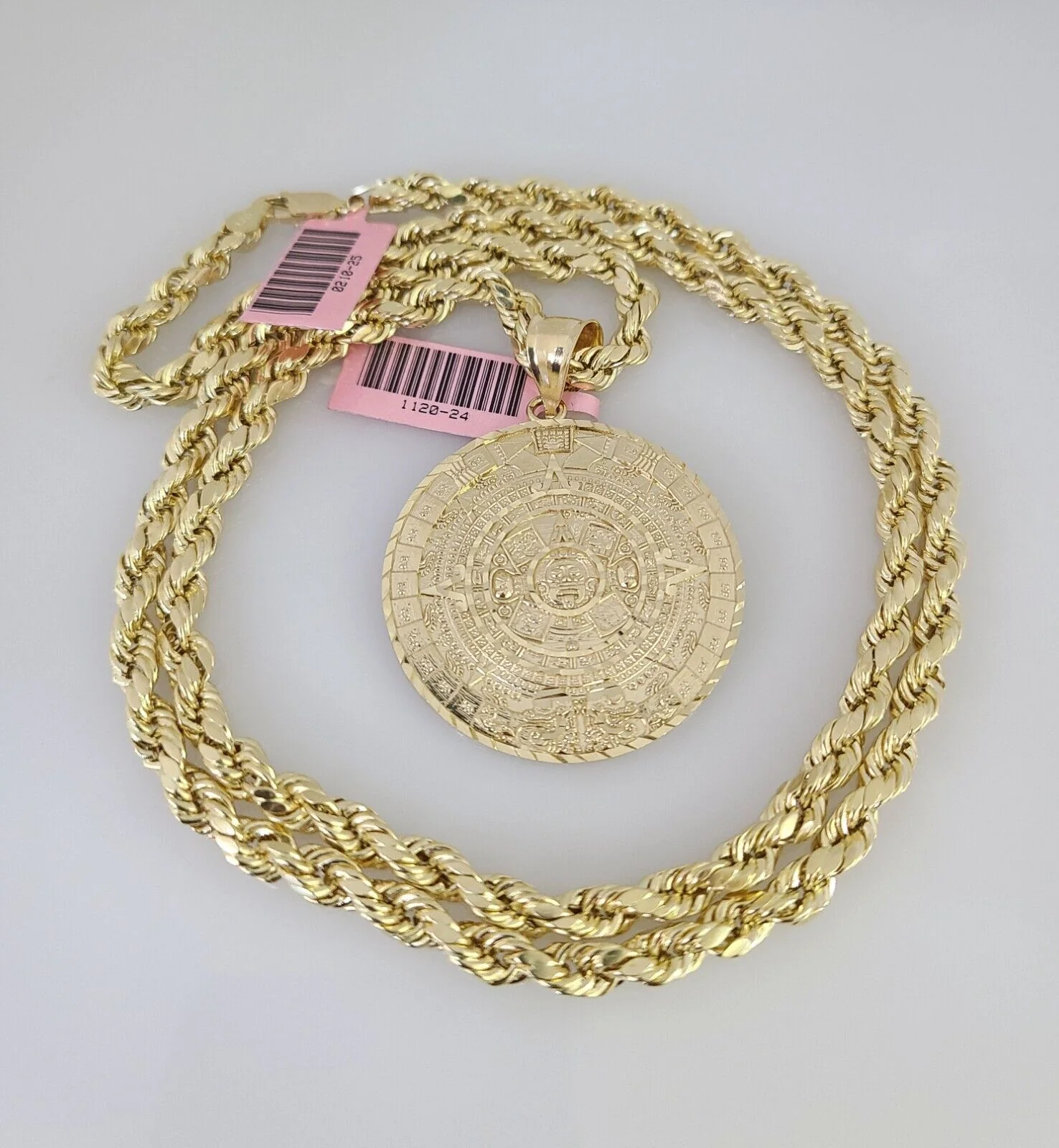 14k Gold Rope Chain Necklace Set 6mm Mayan Calendar Charm Pendant 18"-28" inch - Image 6