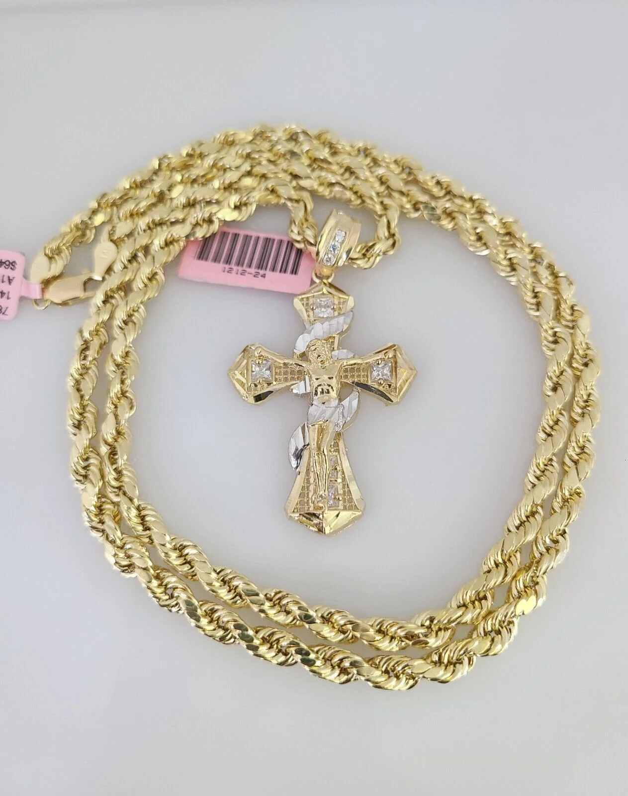 14k Gold Rope Chain Necklace Set 6mm Spiral Cross Charm Pendant 18"-28" inch - Image 4