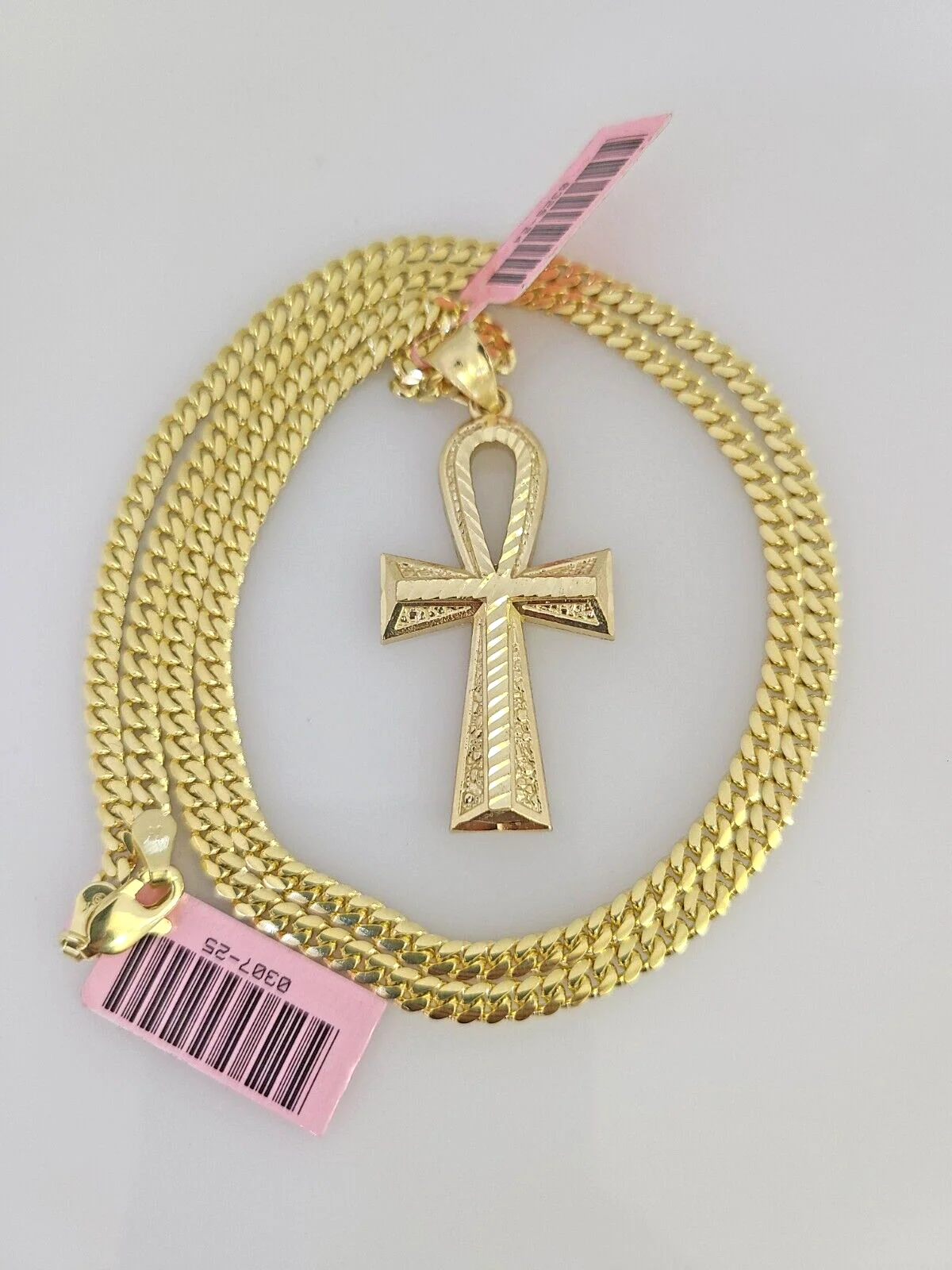 14k Gold Solid Chain Ankh Cross Pendant Set 14kt Miami Cuban Link 3mm Charm