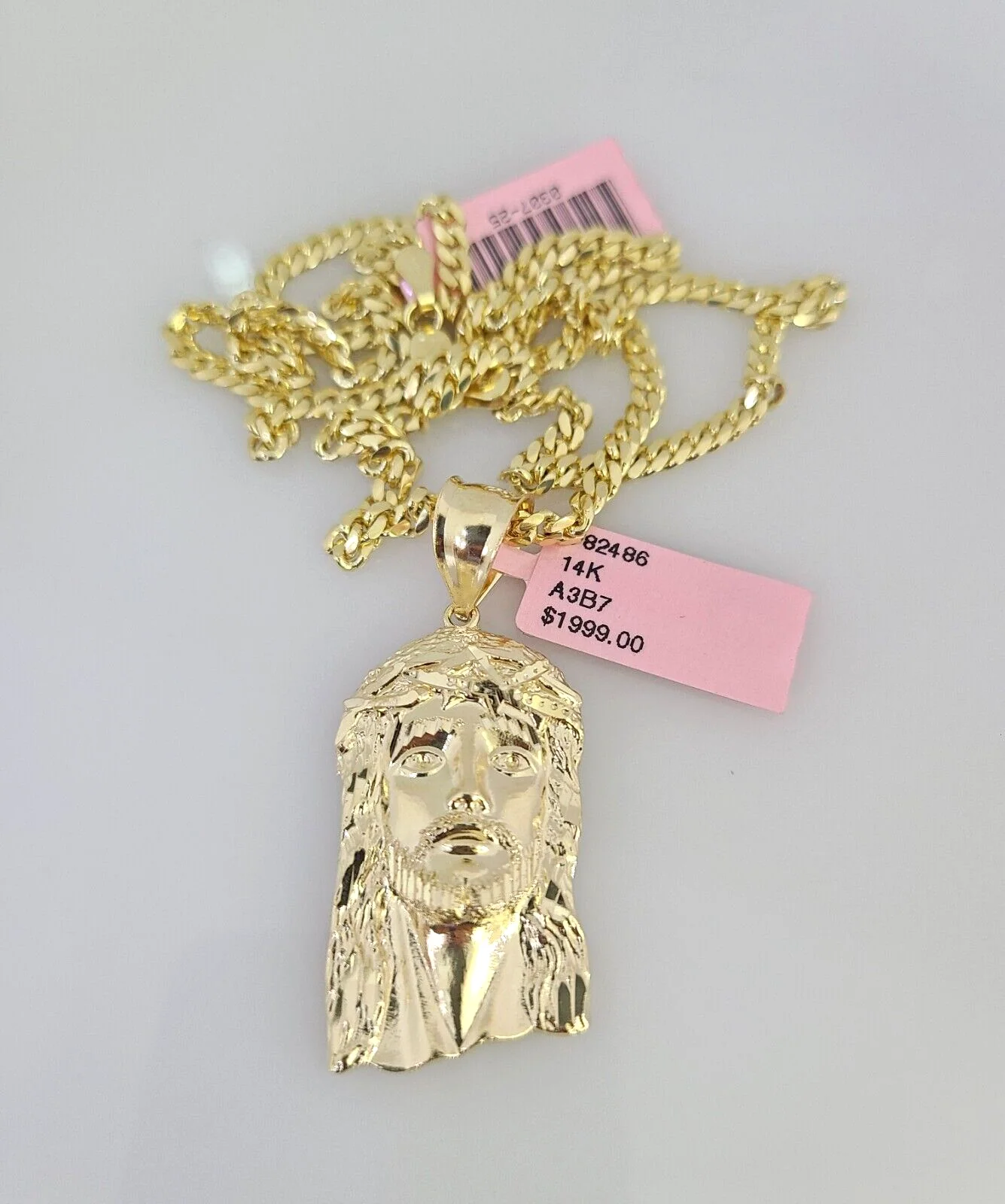 14k Gold Solid Chain Jesus Head Pendant Set 14kt Miami Cuban Link 3mm Charm - Image 3