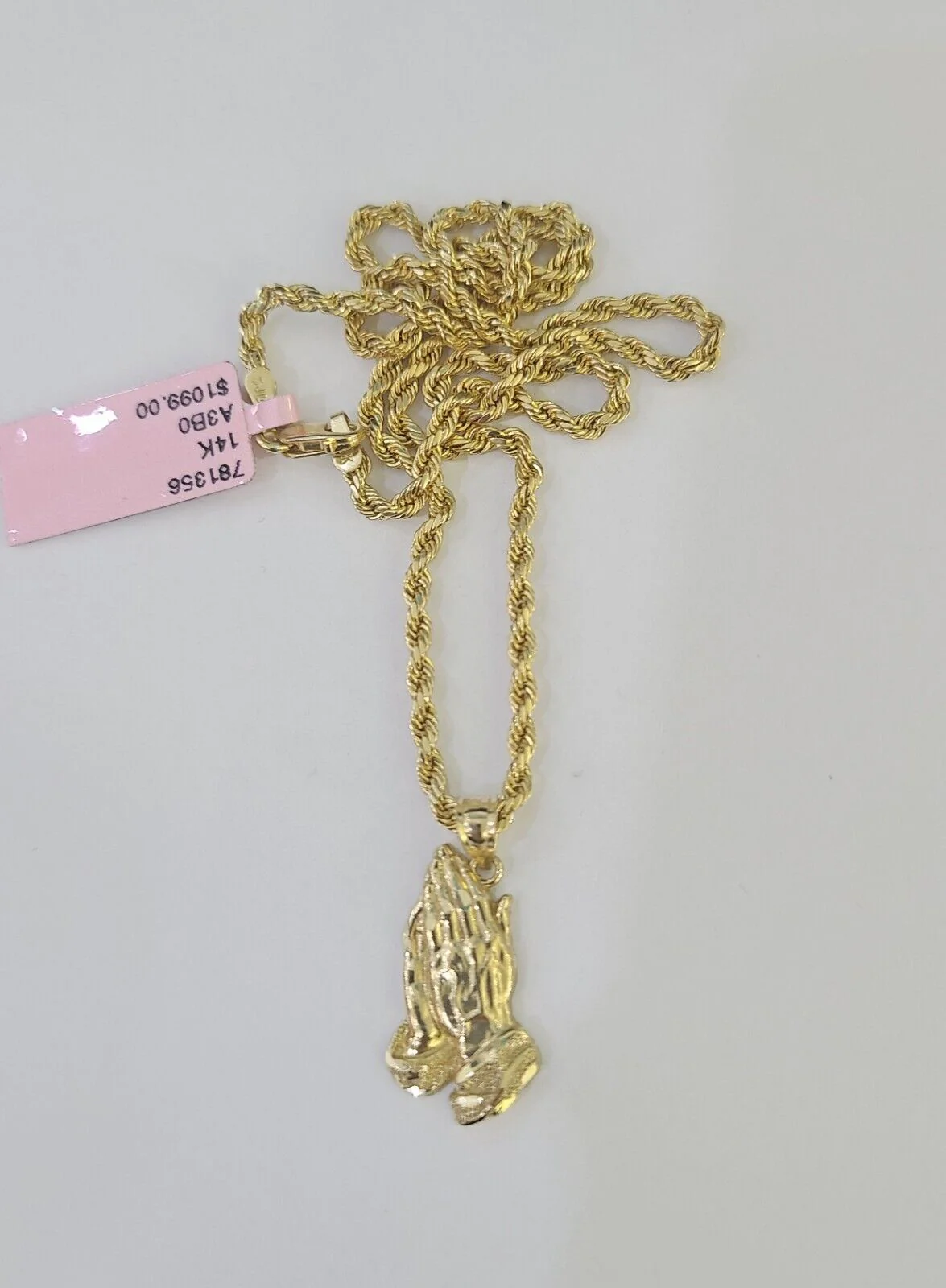 14k Rope Chain Praying Hands Charm Pendant Gold 2mm 18"-24inch SET Necklace - Image 7