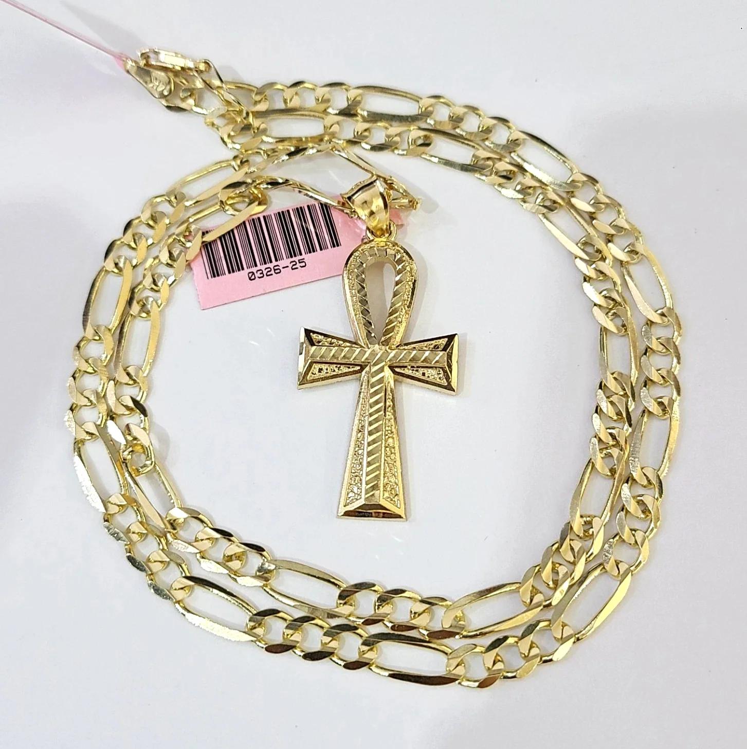 14k Solid Figaro Chain Ankh Jesus Cross Pendant Gold 4mm 18-28 inch SET Necklace - Image 2