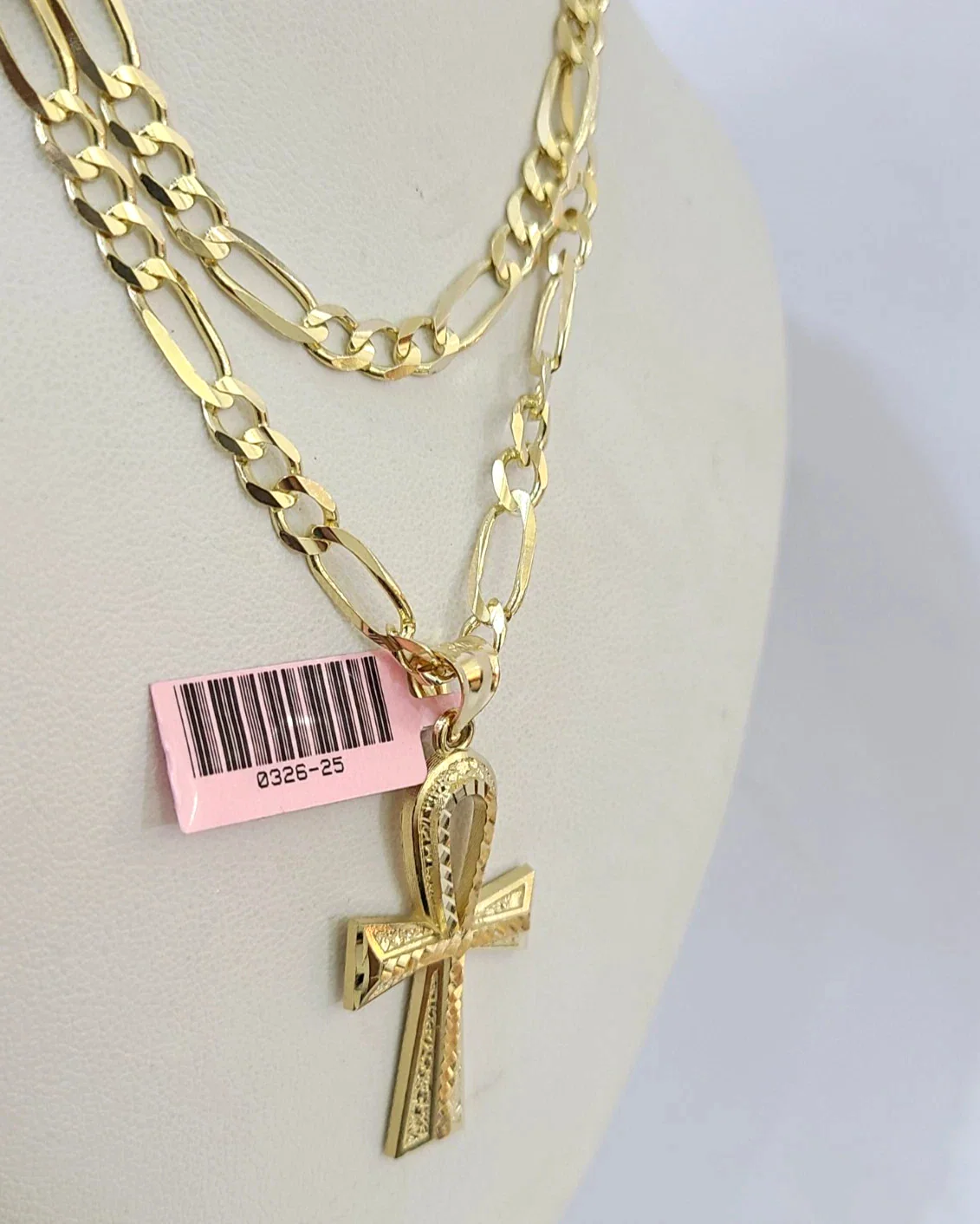 14k Solid Figaro Chain Ankh Jesus Cross Pendant Gold 4mm 18-28 inch SET Necklace - Image 4