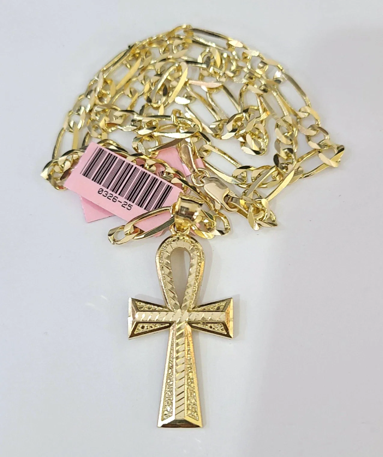 14k Solid Figaro Chain Ankh Jesus Cross Pendant Gold 5mm 18-28 inch SET Necklace - Image 3