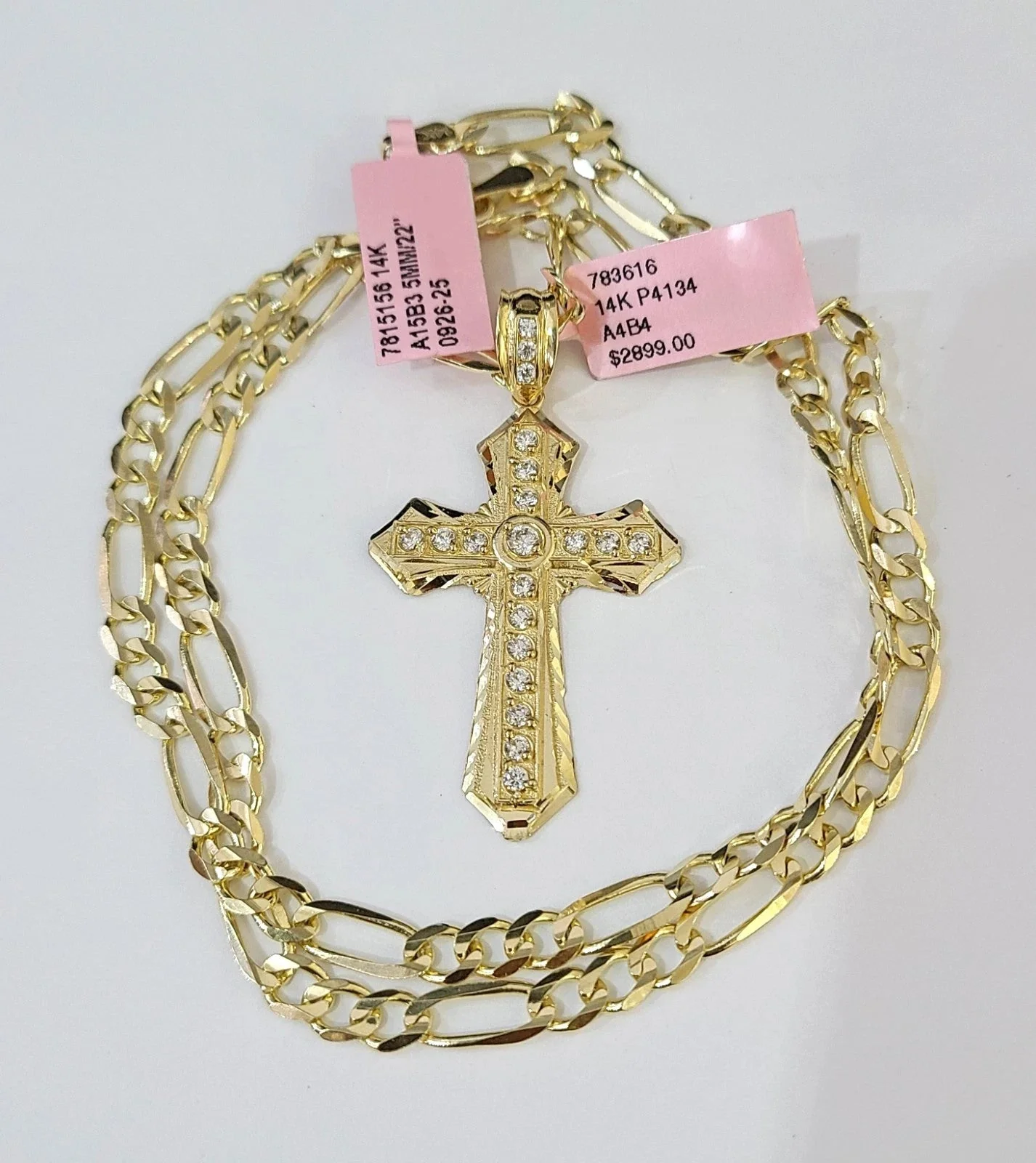 14k Solid Figaro Chain Jesus Cross Pendant Gold 4mm 18"-28" SET Necklace - Image 2