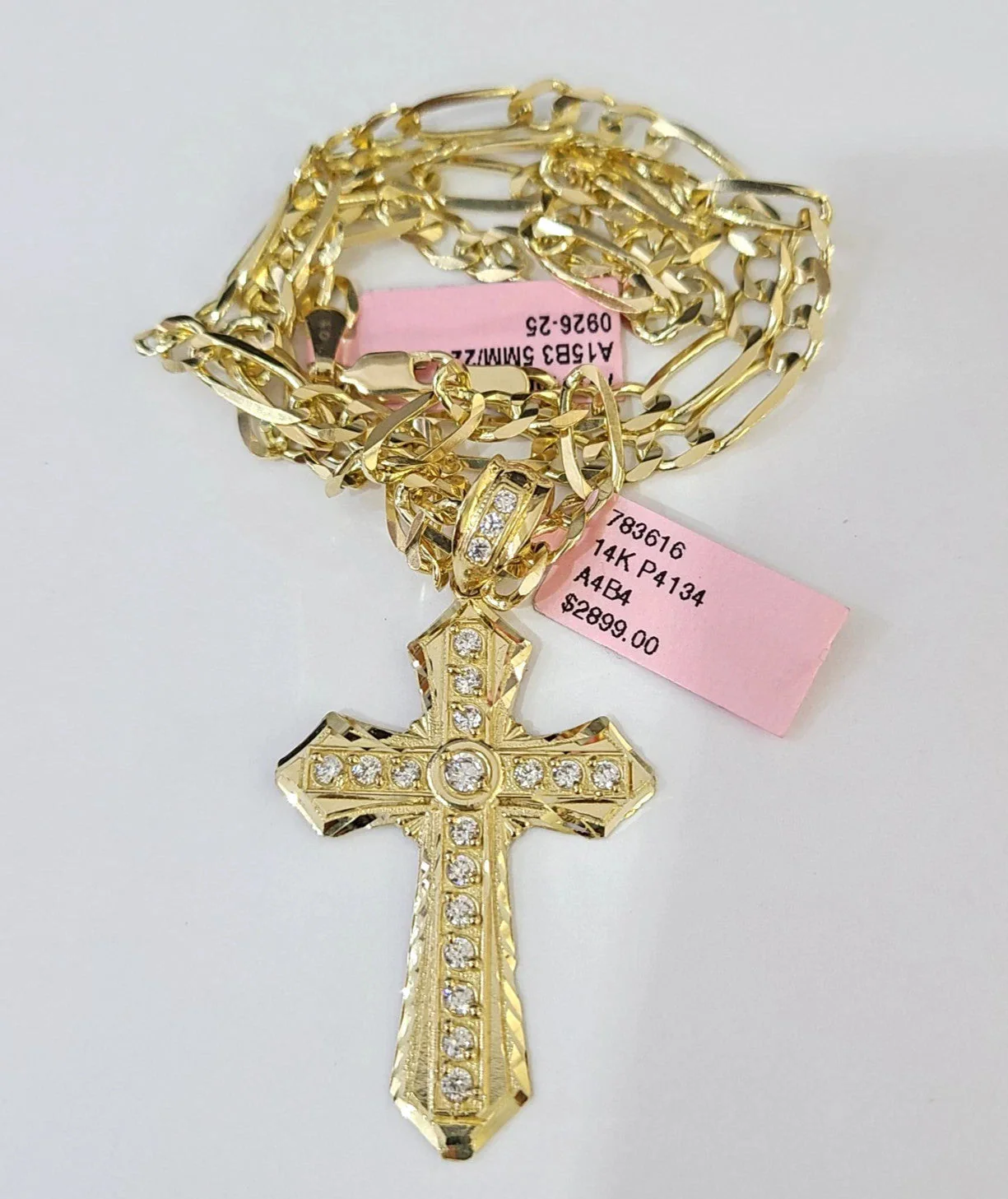 14k Solid Figaro Chain Jesus Cross Pendant Gold 4mm 18"-28" SET Necklace - Image 3
