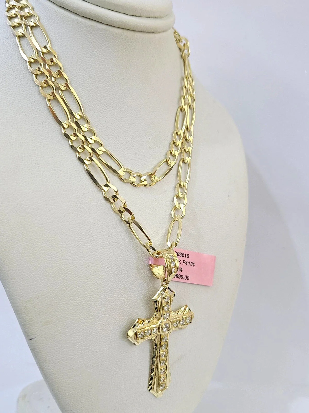 14k Solid Figaro Chain Jesus Cross Pendant Gold 4mm 18"-28" SET Necklace - Image 4