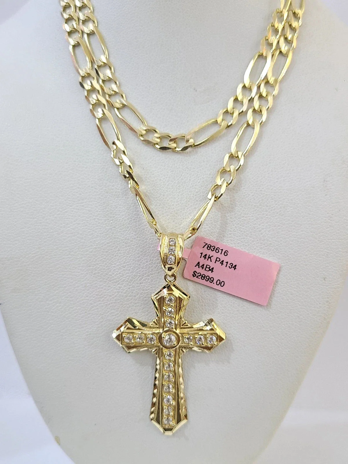 14k Solid Figaro Chain Jesus Cross Pendant Gold 5mm 18-28 inch SET Necklace - Image 3