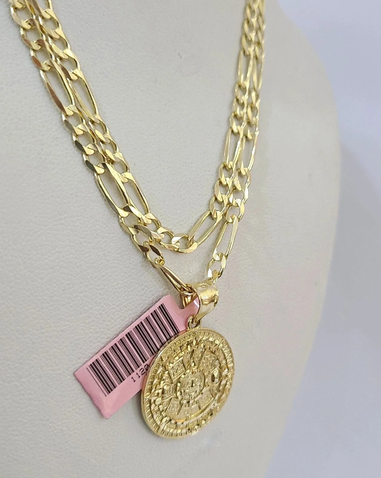 14k Solid Figaro Chain Mayan Calendar Pendant Gold 4mm 18-28 inch SET Necklace