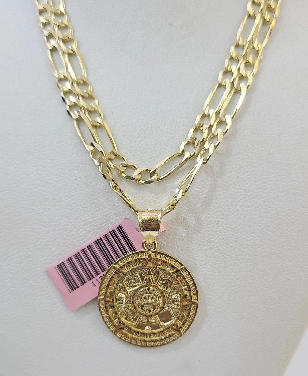 14k Solid Figaro Chain Mayan Calendar Pendant Gold 4mm 18-28 inch SET Necklace - Image 3