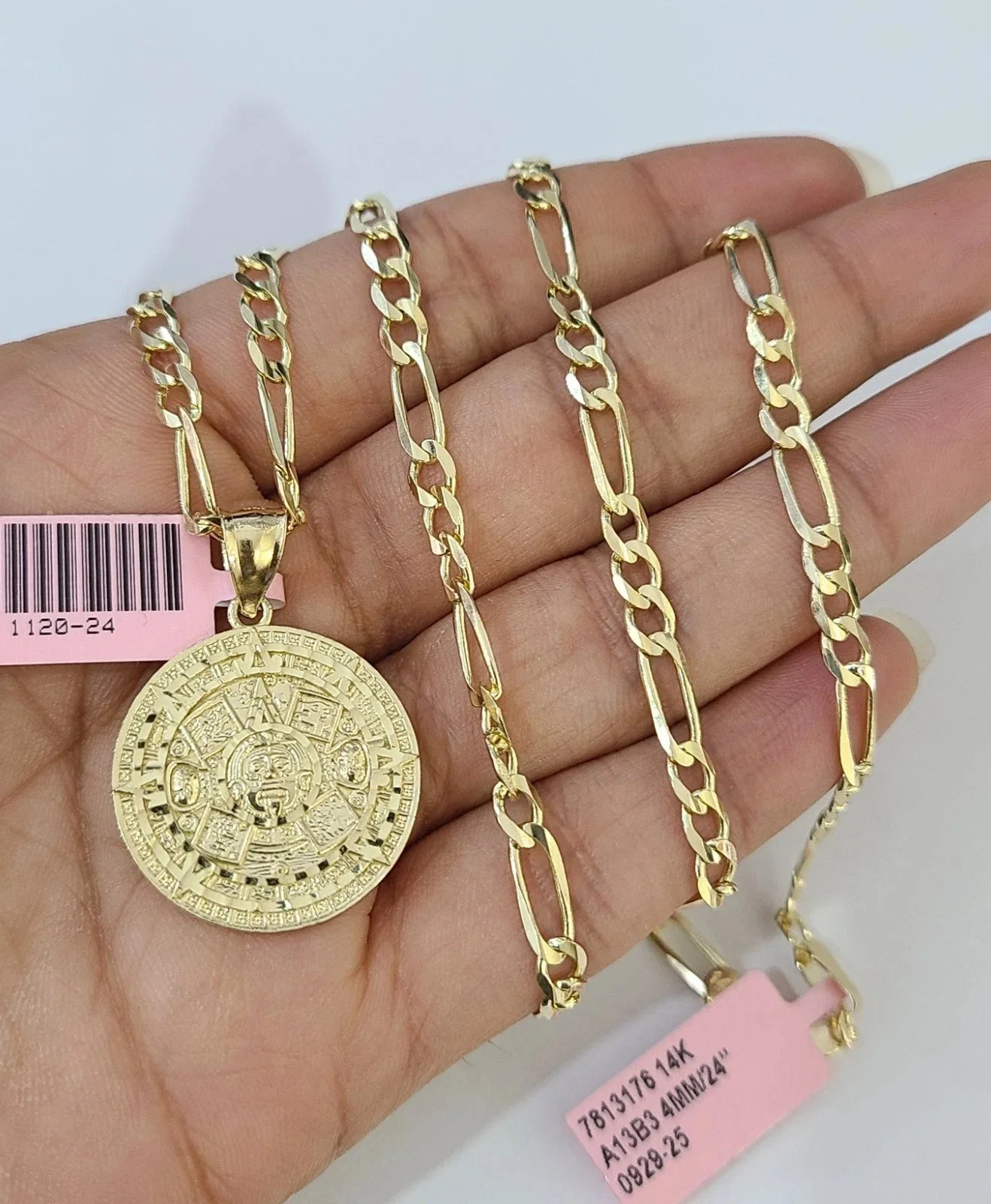 14k Solid Figaro Chain Mayan Calendar Pendant Gold 4mm 18-28 inch SET Necklace - Image 4
