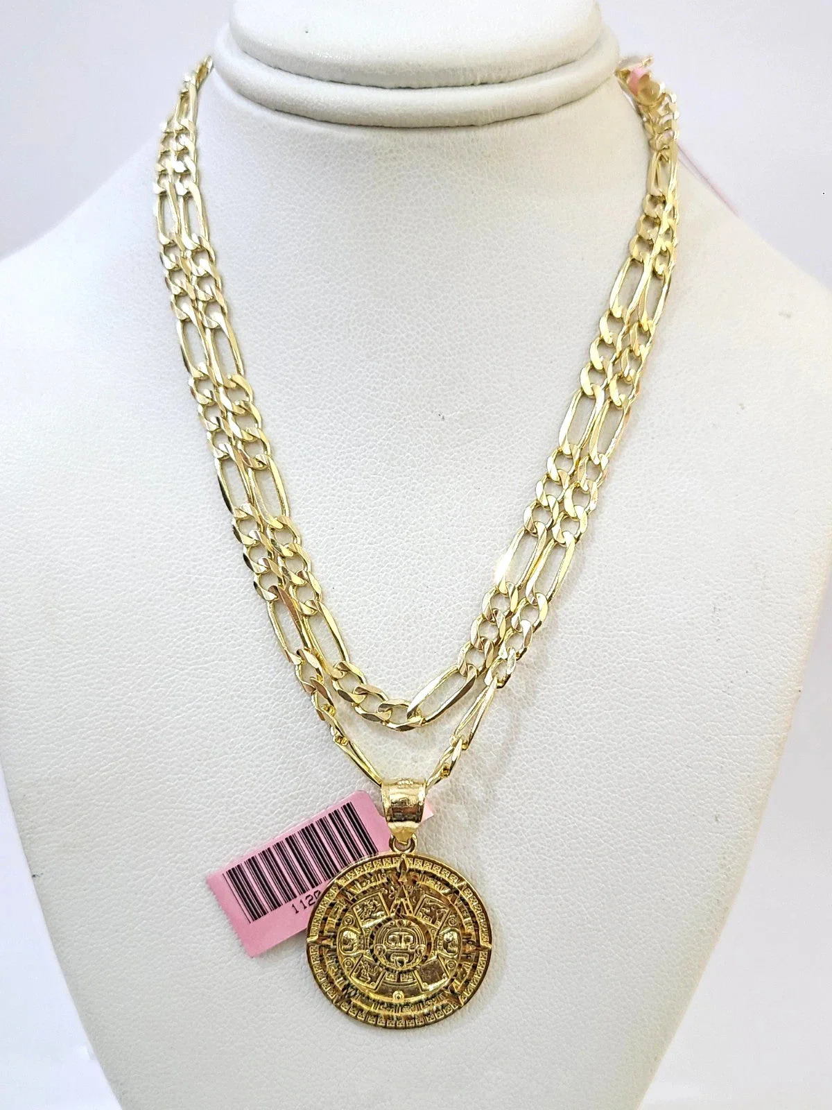 14k Solid Figaro Chain Mayan Calendar Pendant Gold 4mm 18-28 inch SET Necklace - Image 7