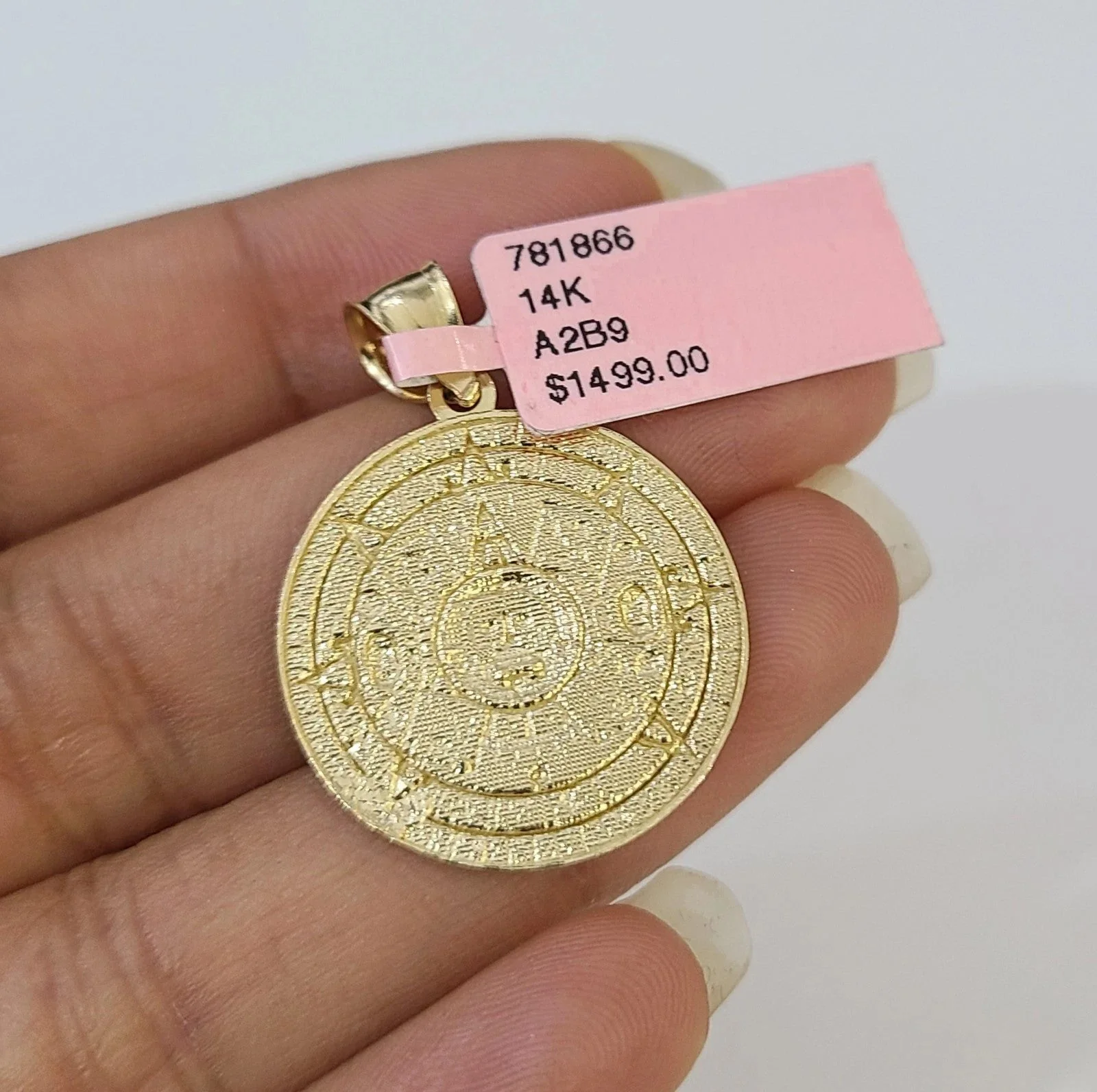 14k Solid Figaro Chain Mayan Calendar Pendant Gold 4mm 18-28 inch SET Necklace - Image 8