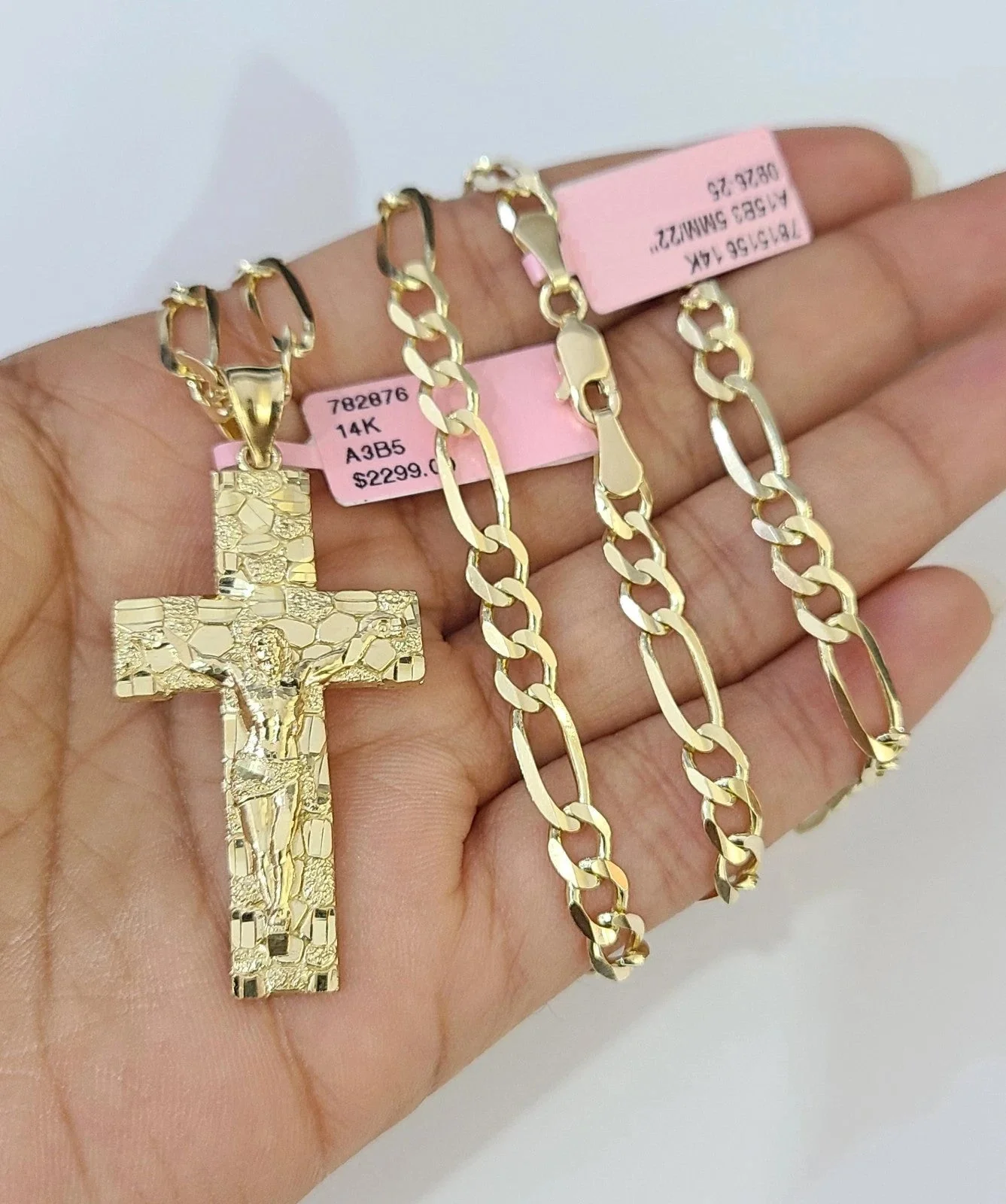 14k Solid Figaro Chain Nugget Cross Pendant Gold 5mm 18-28 inch SET Necklace