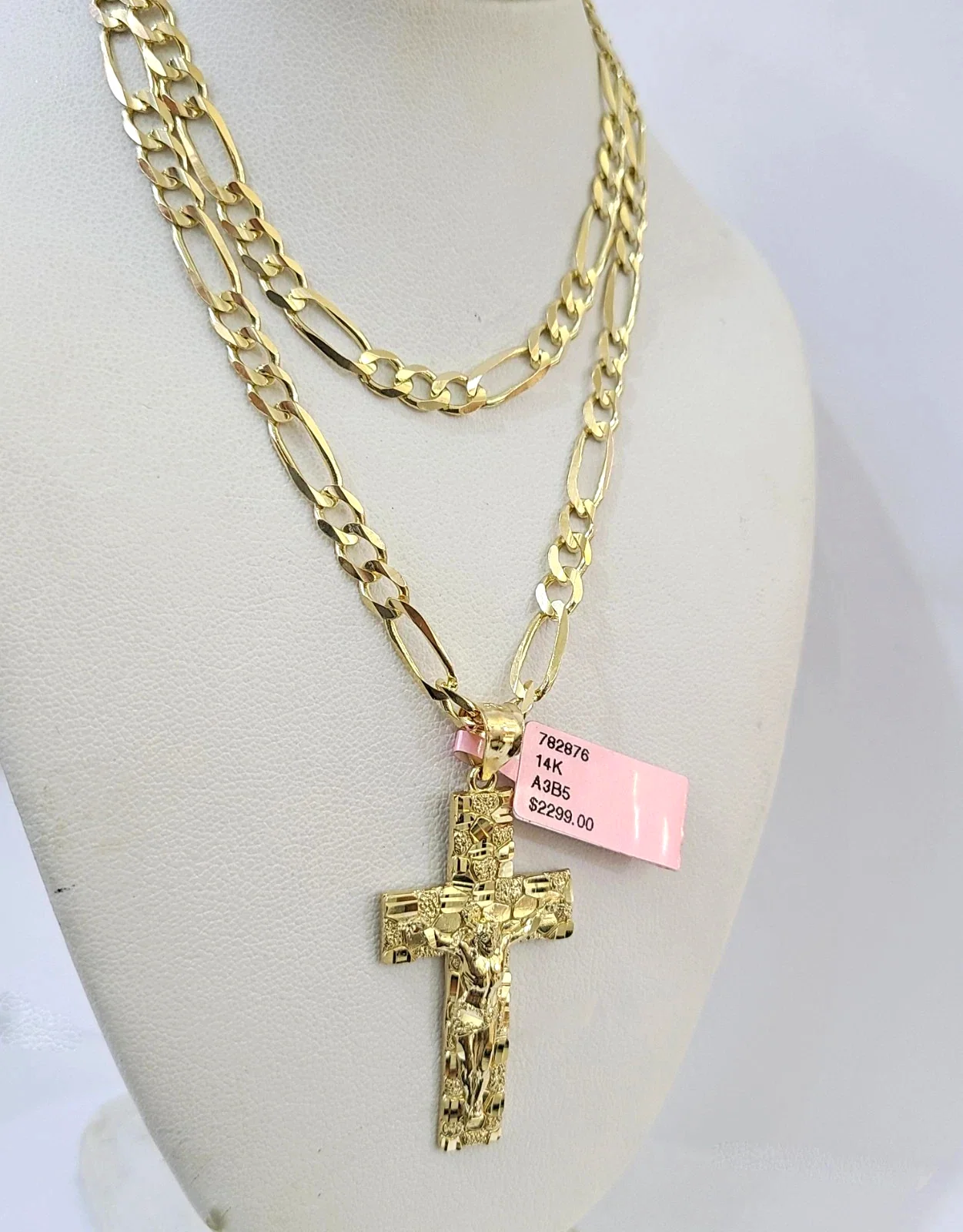 14k Solid Figaro Chain Nugget Cross Pendant Gold 5mm 18-28 inch SET Necklace - Image 3