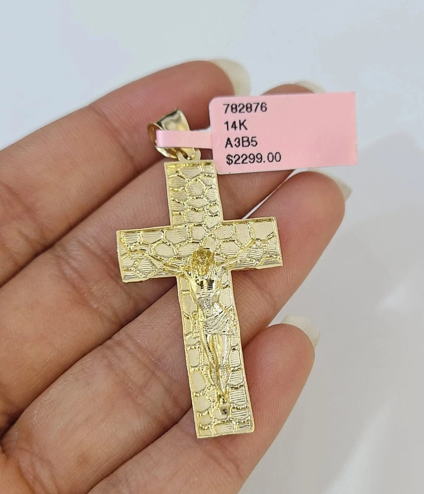 14k Solid Figaro Chain Nugget Cross Pendant Gold 5mm 18-28 inch SET Necklace - Image 6
