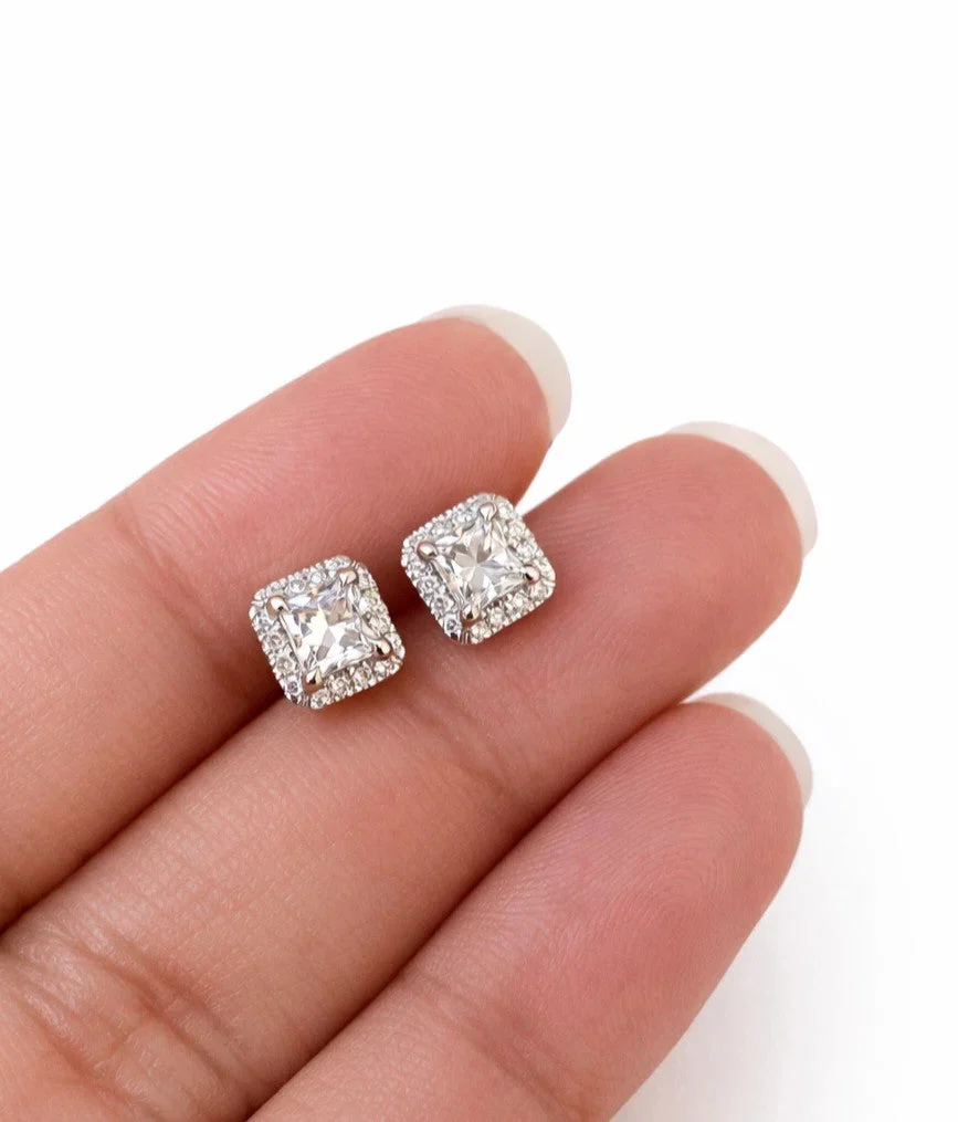 14k White Gold Square Diamond Earrings Lab Created Screw-Back Women Men Studs - Image 3