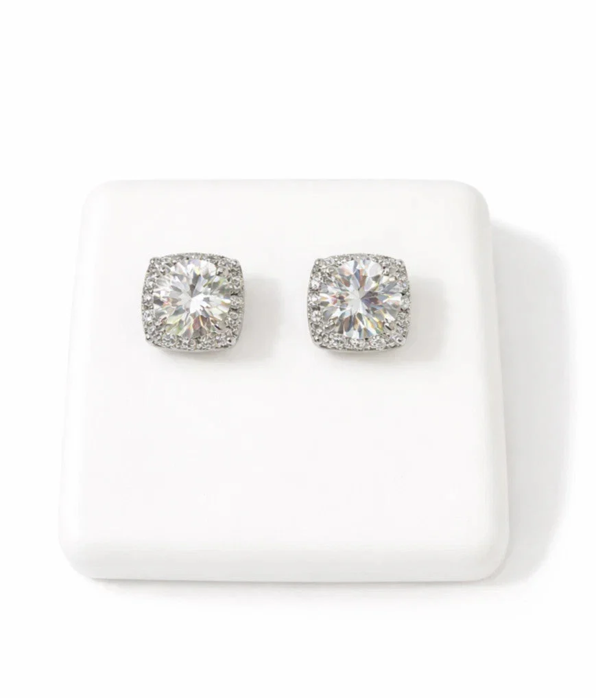 14k White Gold Square Diamond Earrings Lab Created Screw-Back Women Men Studs - Image 4