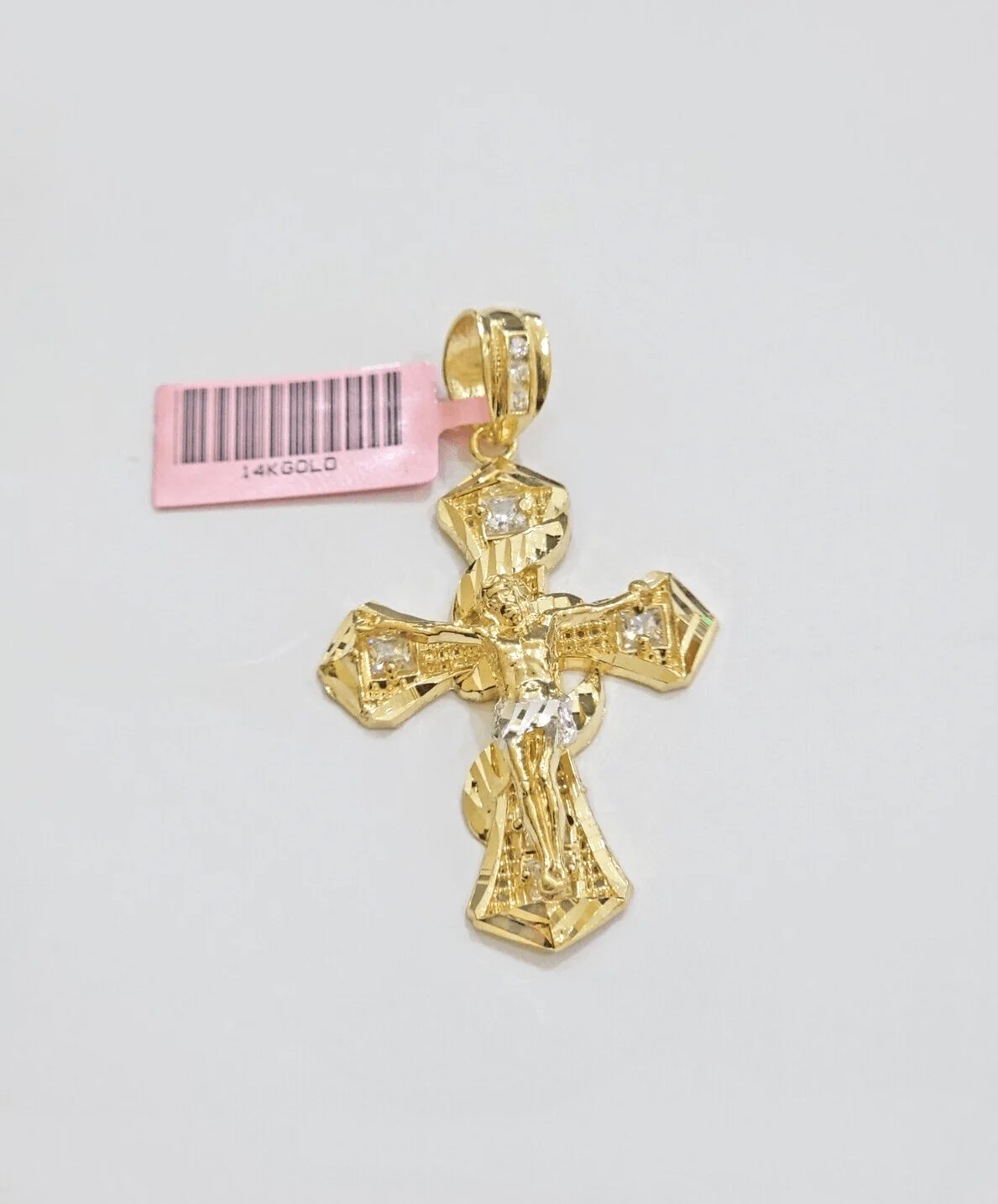 14k Yellow Gold Cross Charm Jesus Pendant 2 Inch CZ Crucifix For Chain 14kt SALE - Image 2