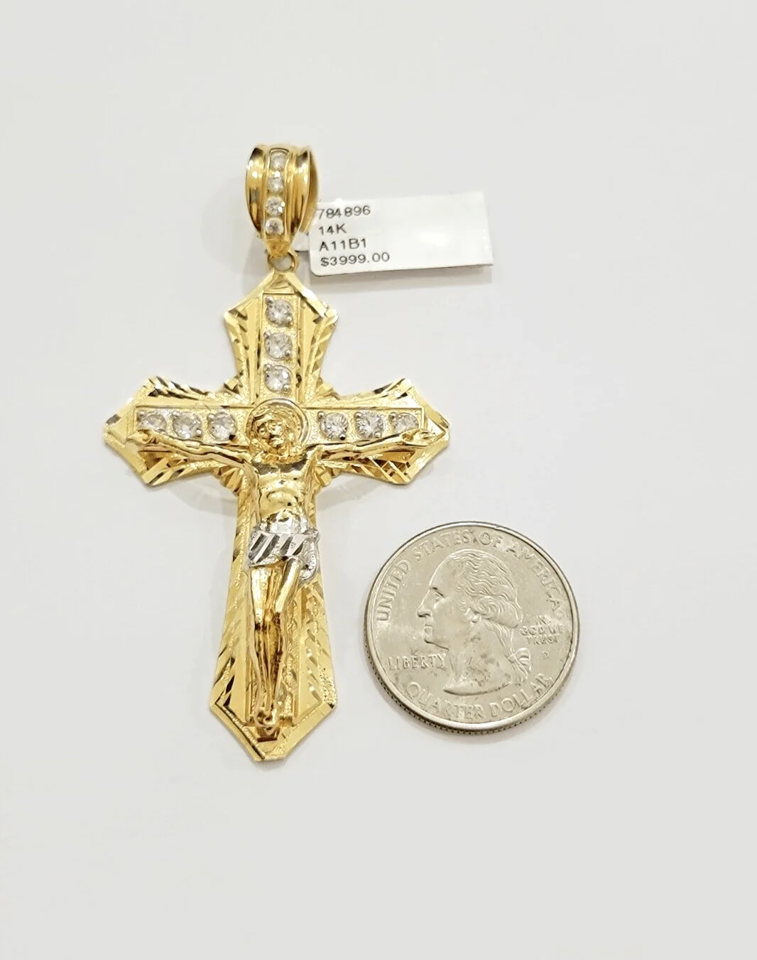 14k Yellow Gold Cross Jesus Crucifix Pendant 3 Inch 14kt CZ Charm Mens REAL 14kt - Image 6