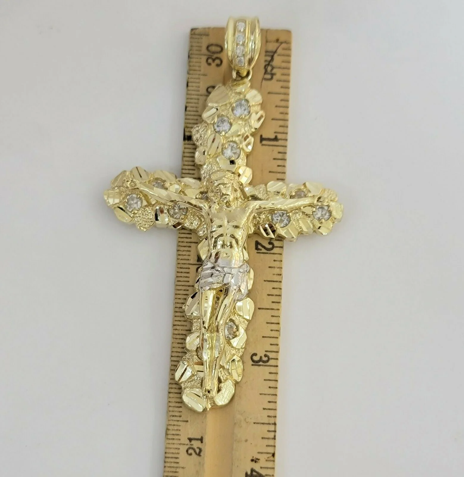 14k Yellow Gold Cross Nugget Jesus Crucifix Pendant 3.5 Inch 14kt Gold Mens REAL - Image 4