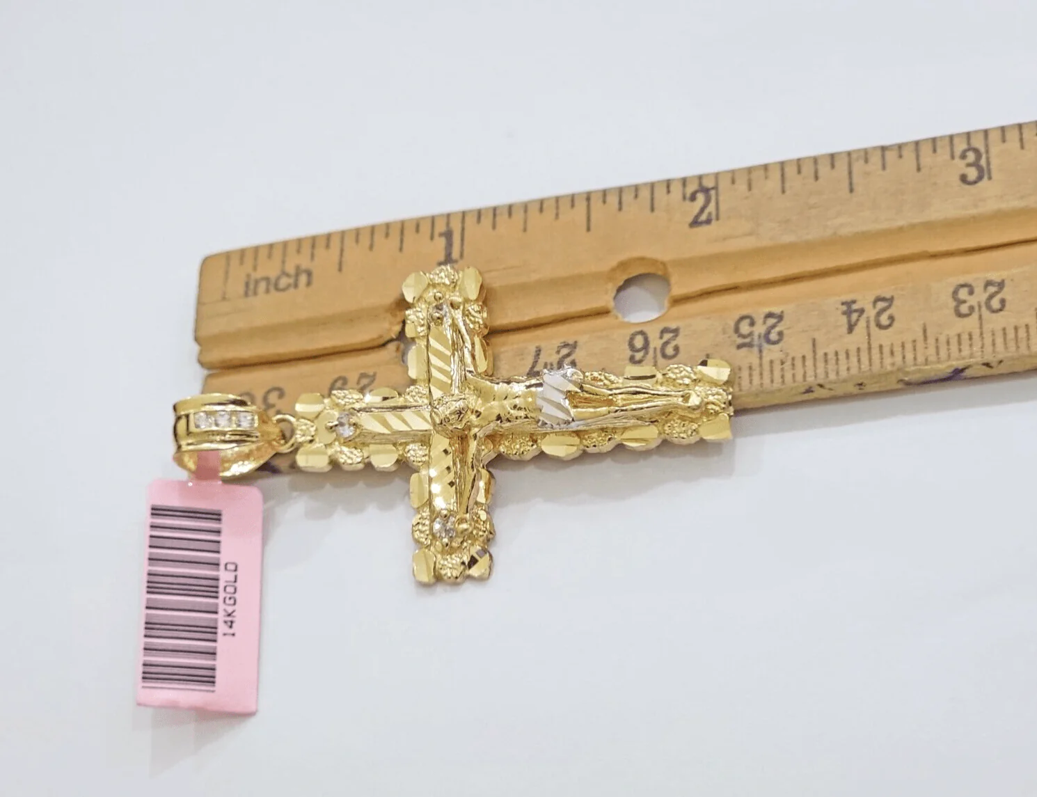 14k Yellow Gold Cross Nugget Pendant Jesus Crucifix 2 Inch 14kt Charm Men's REAL - Image 3