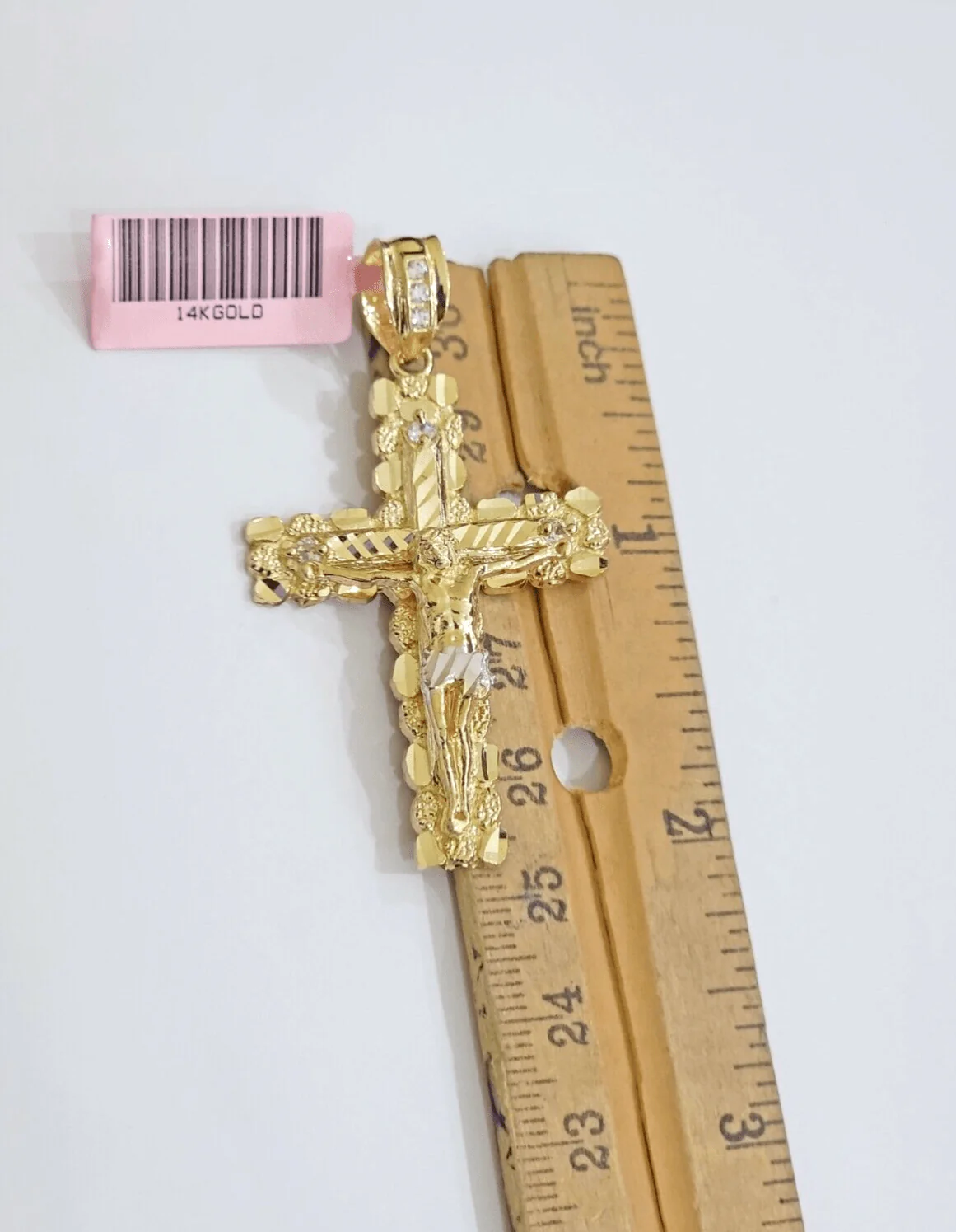 14k Yellow Gold Cross Nugget Pendant Jesus Crucifix 2 Inch 14kt Charm Men's REAL - Image 7
