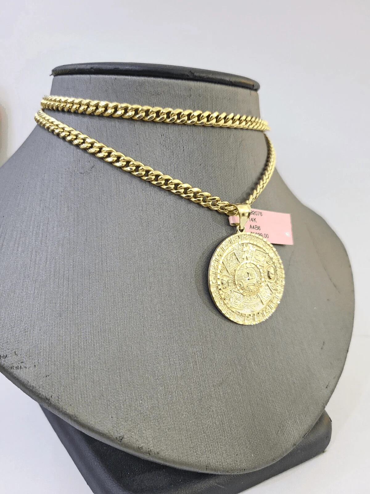 14k Yellow Gold Miami Cuban Chain & Mayan Calendar Charm SET 5mm 22 Inches - Image 2