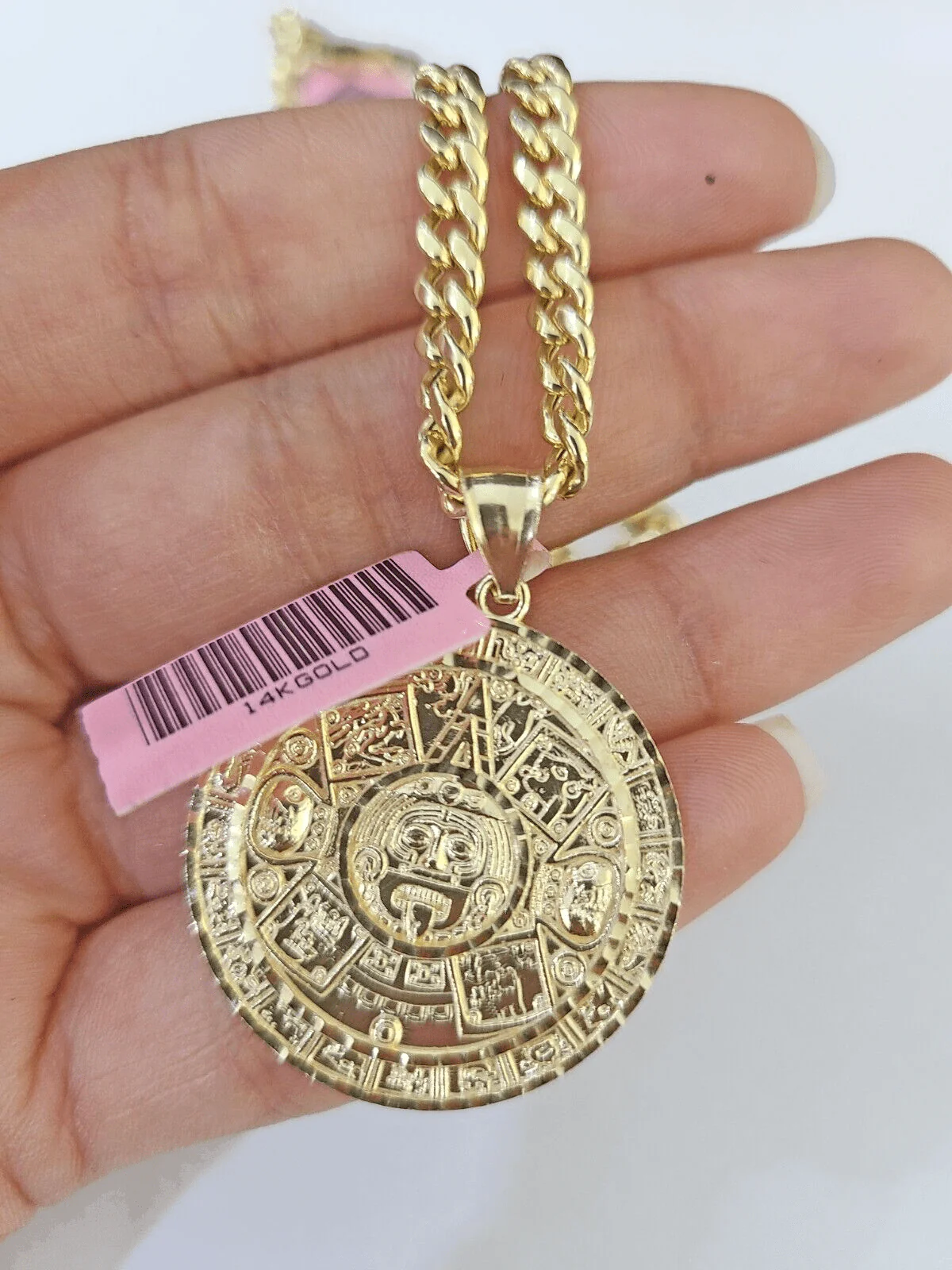 14k Yellow Gold Miami Cuban Chain & Mayan Calendar Charm SET 5mm 22 Inches - Image 3