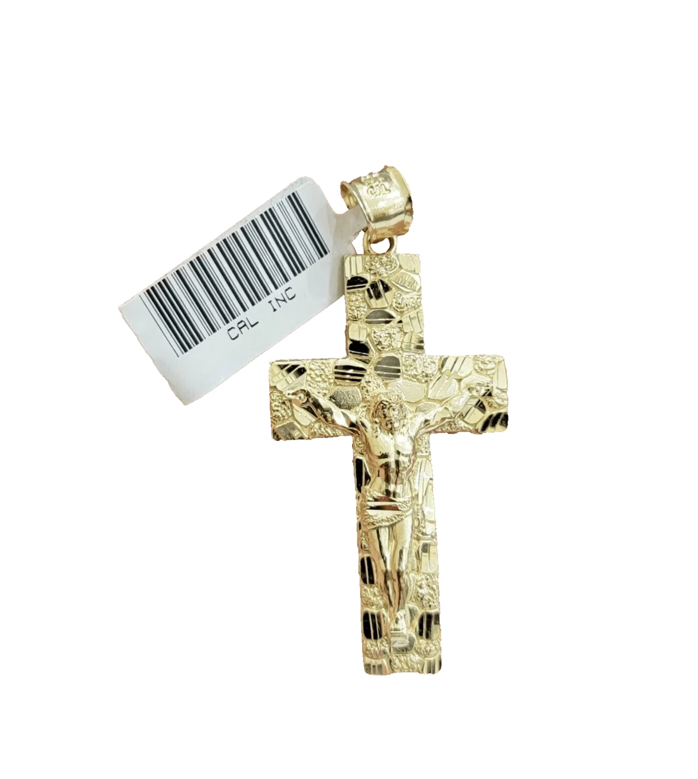 14k Yellow Gold Nugget Jesus Cross Charm Pendant 2'' inches Real 14kt Chain - Image 2