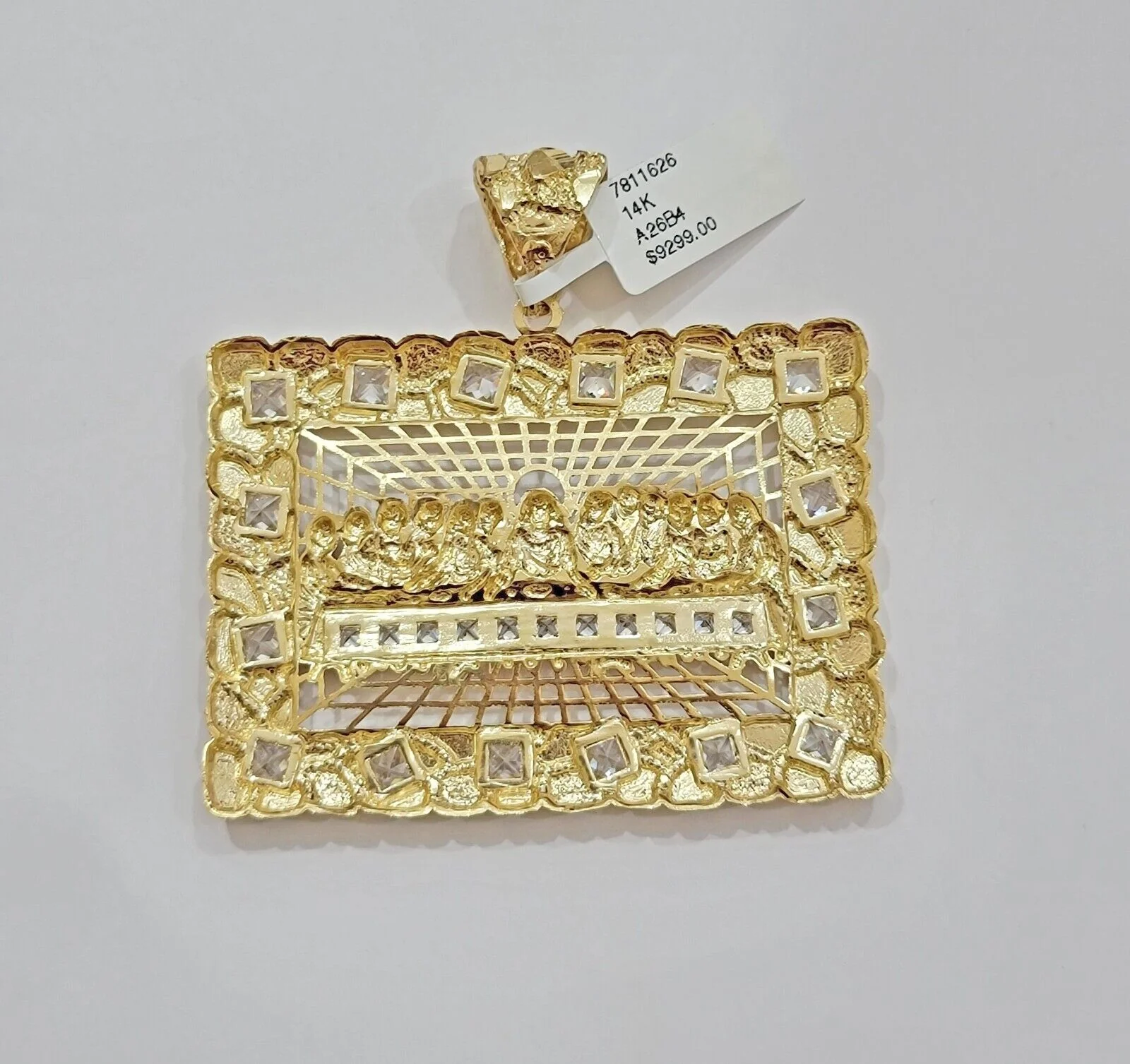 14k Yellow Gold Pendant Nugget Last Supper Charm Medallion Square REAL 14KT Mens - Image 8