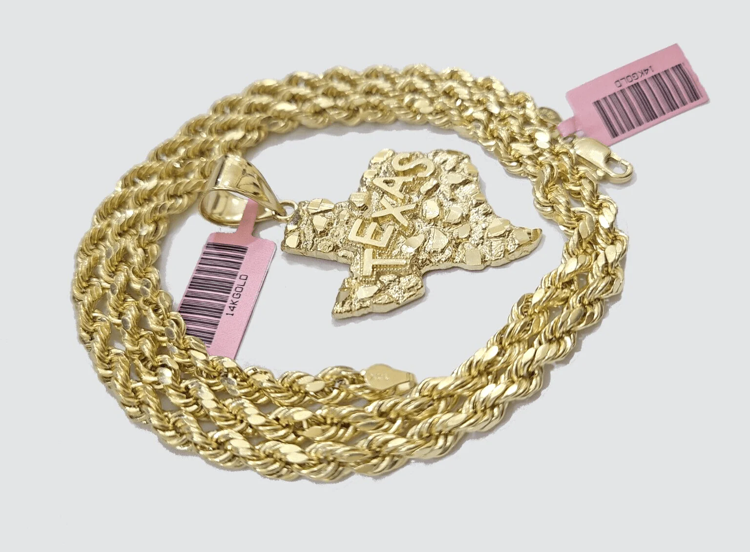 14k Yellow Gold Rope Chain 20'' Inch Necklace Texas Map Charm Pendant Real 14kt - Image 7