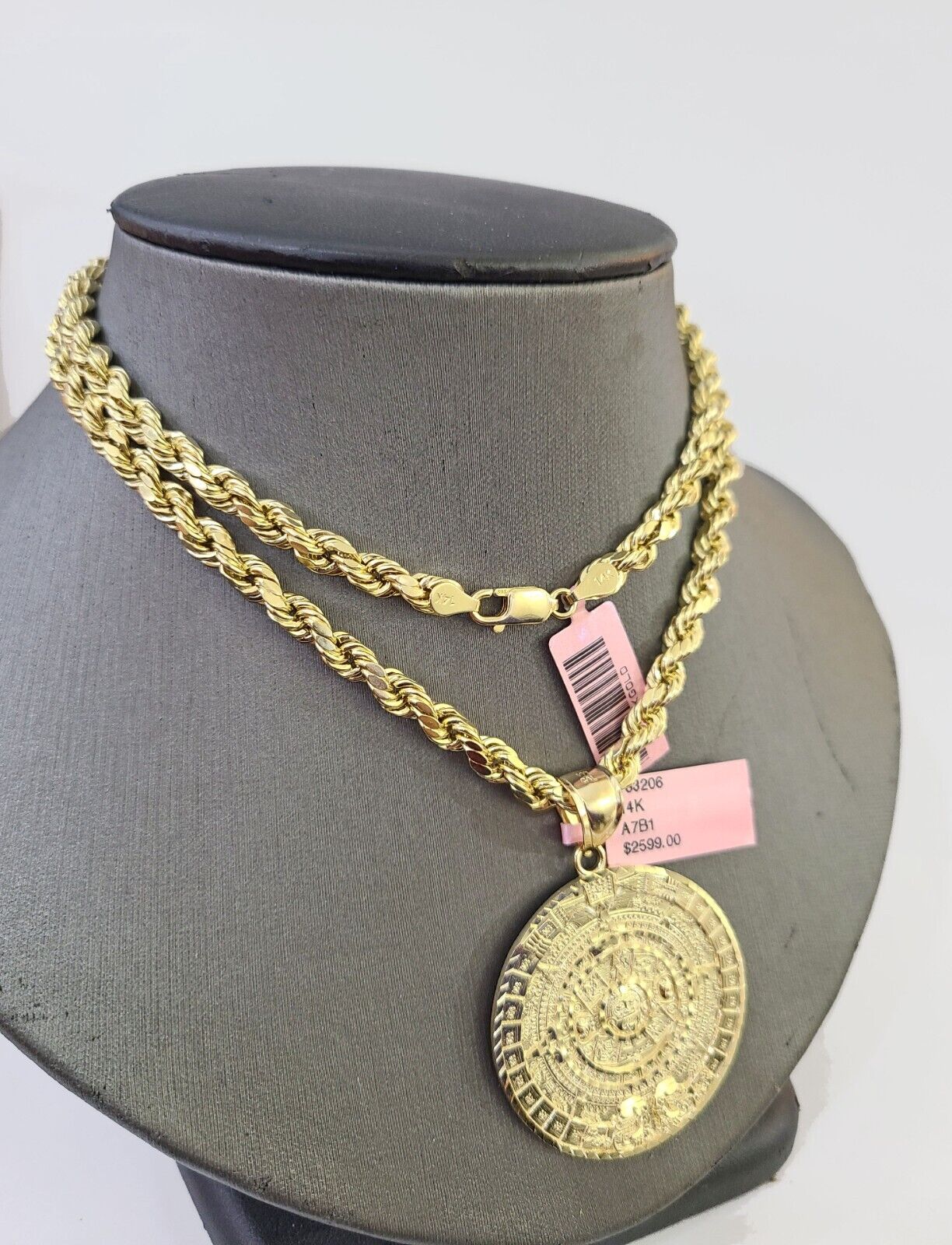 14k Yellow Gold Rope Chain & Mayan Calendar Charm SET 5mm 24 Inches Necklace - Image 2