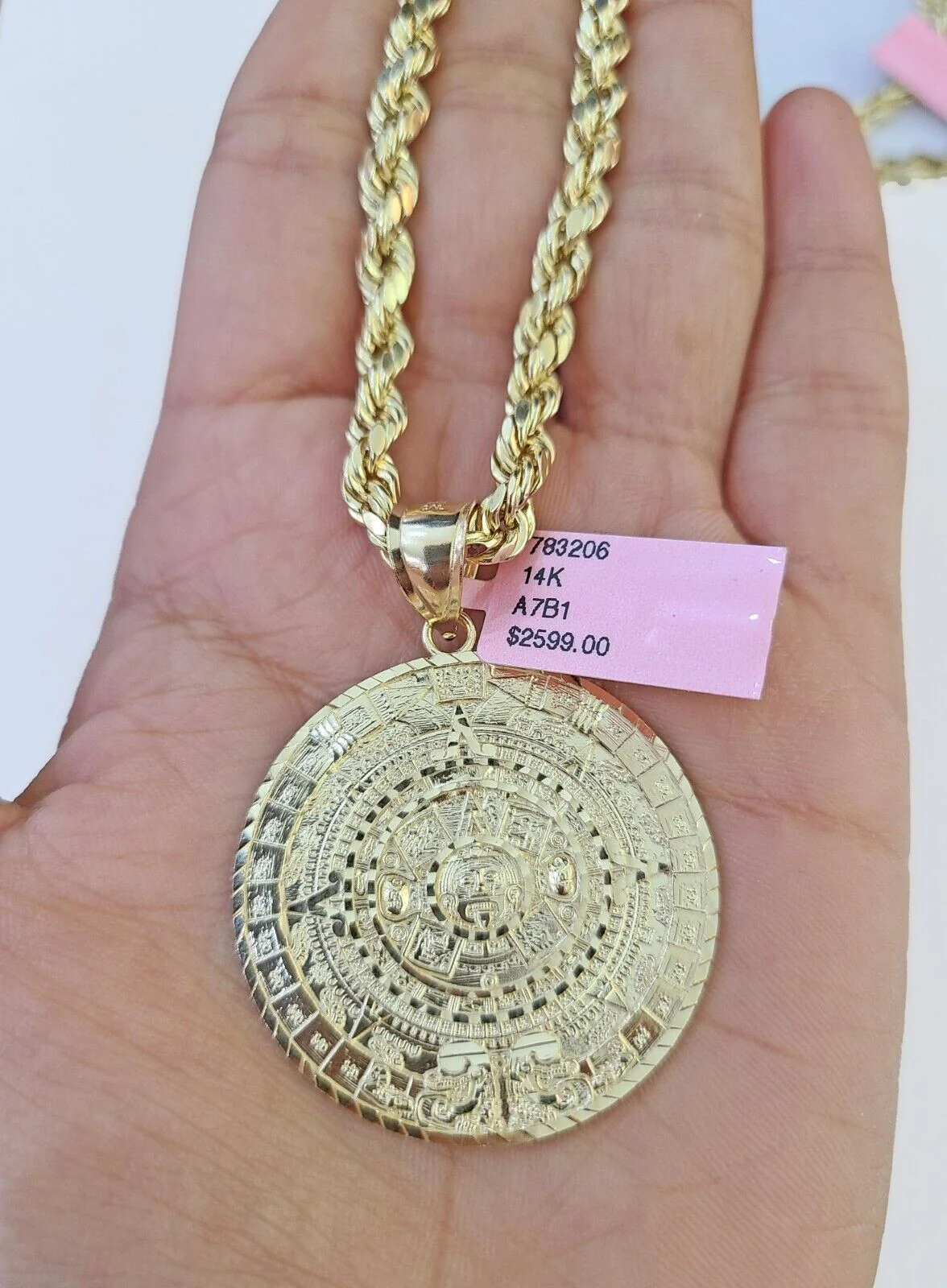 14k Yellow Gold Rope Chain & Mayan Calendar Charm SET 5mm 24 Inches Necklace - Image 3