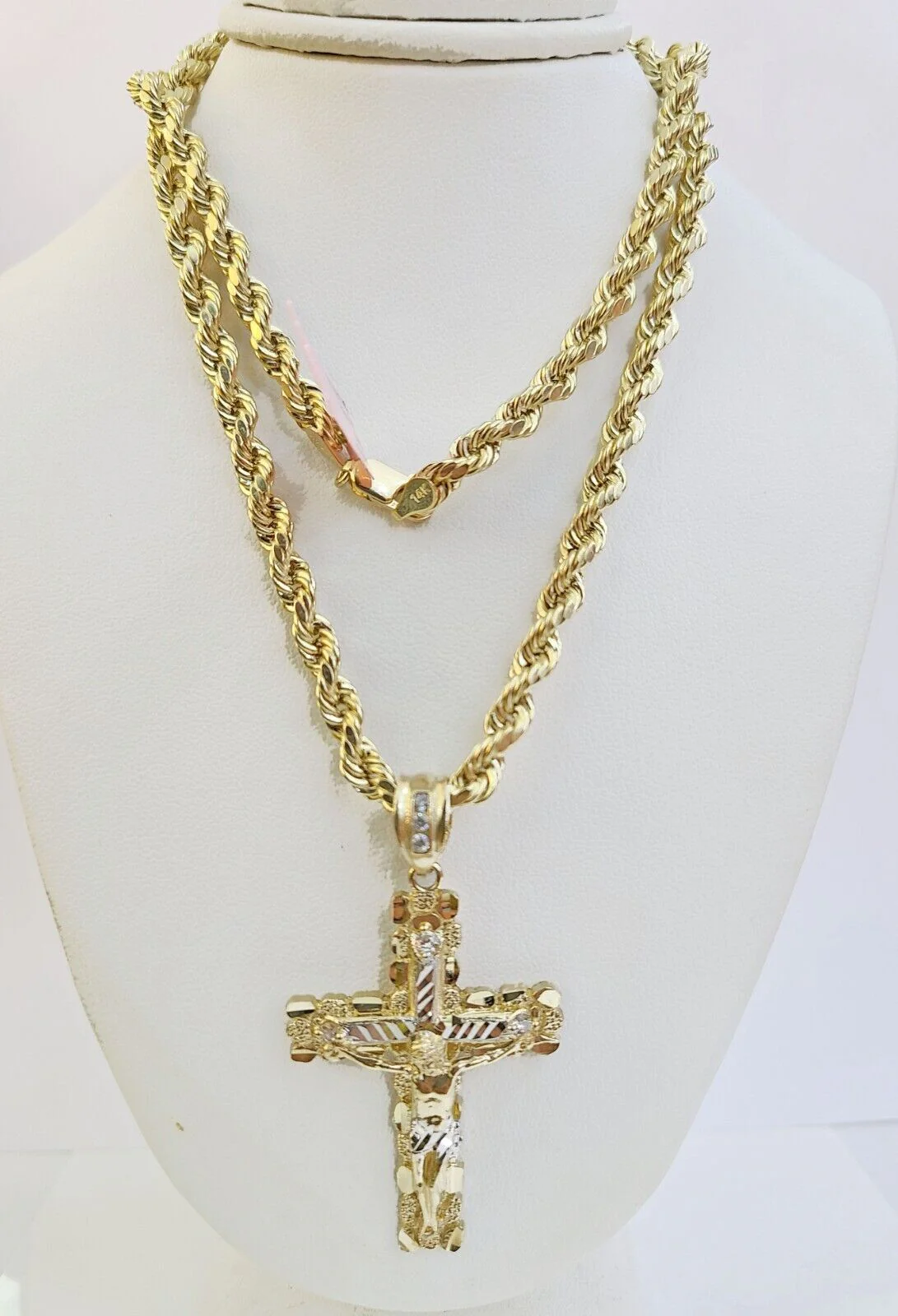 14k Yellow Gold Rope Chain & Nugget Cross Charm Pendent SET 5mm 22 Inch Necklace - Image 4