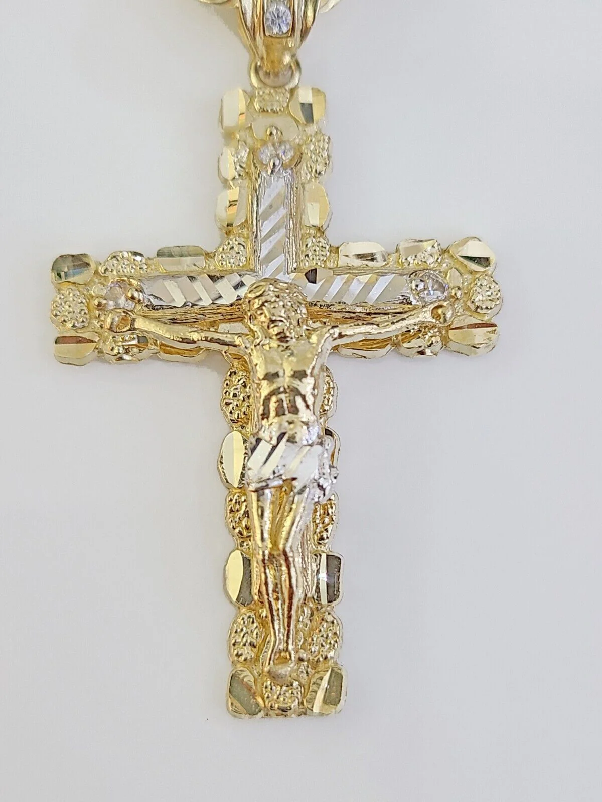 14k Yellow Gold Rope Chain & Nugget Cross Charm Pendent SET 5mm 26 Inch Necklace - Image 3