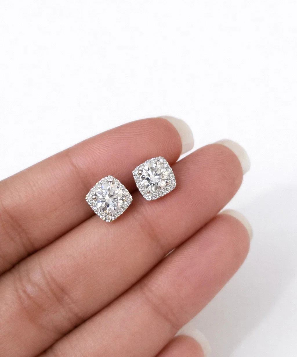 14k Yellow Gold Square Stud Earrings Lab Created Diamonds Screw-Back Women Men - Image 3