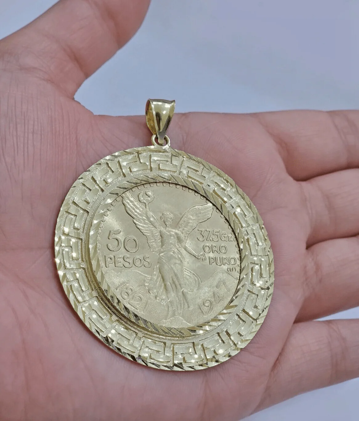 1947 Mexican Centenario 50 Gold Pesos Copy Coin With Bezel Solid 10k Yellow SALE - Image 6