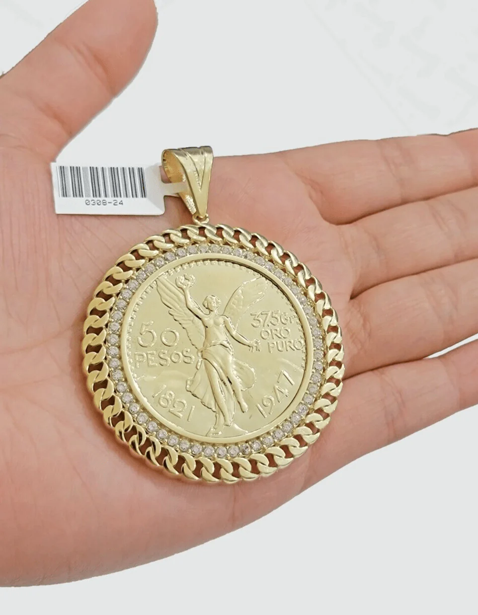 1947 Mexican Centenario Coin Charm Pendant Replica 50 pesos With Bezel 10kt Gold