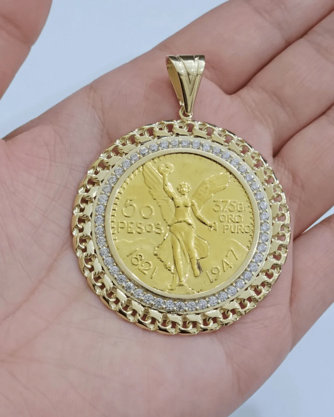 1947 Mexican Centenario Coin Charm Pendant Replica 50 pesos With Bezel 10kt Gold