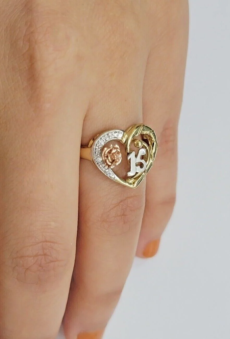 Ladies Ring 10k Gold Quinceanera 15 Anos Year Girls 10KT Yellow Hearts REAL SALE - Image 5