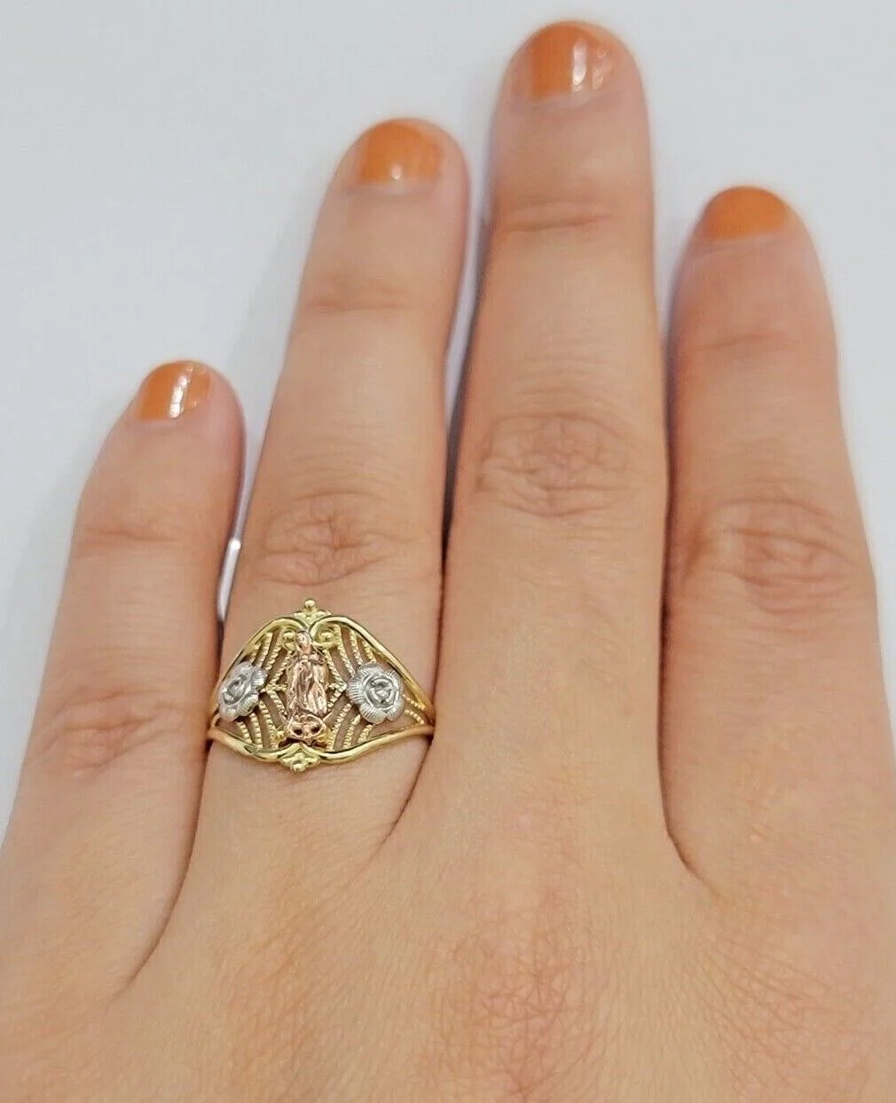 Ladies Ring 10k Yellow Gold Virgin Mary Cross 10KT REAL Gold Unique Size 7 SALE - Image 8