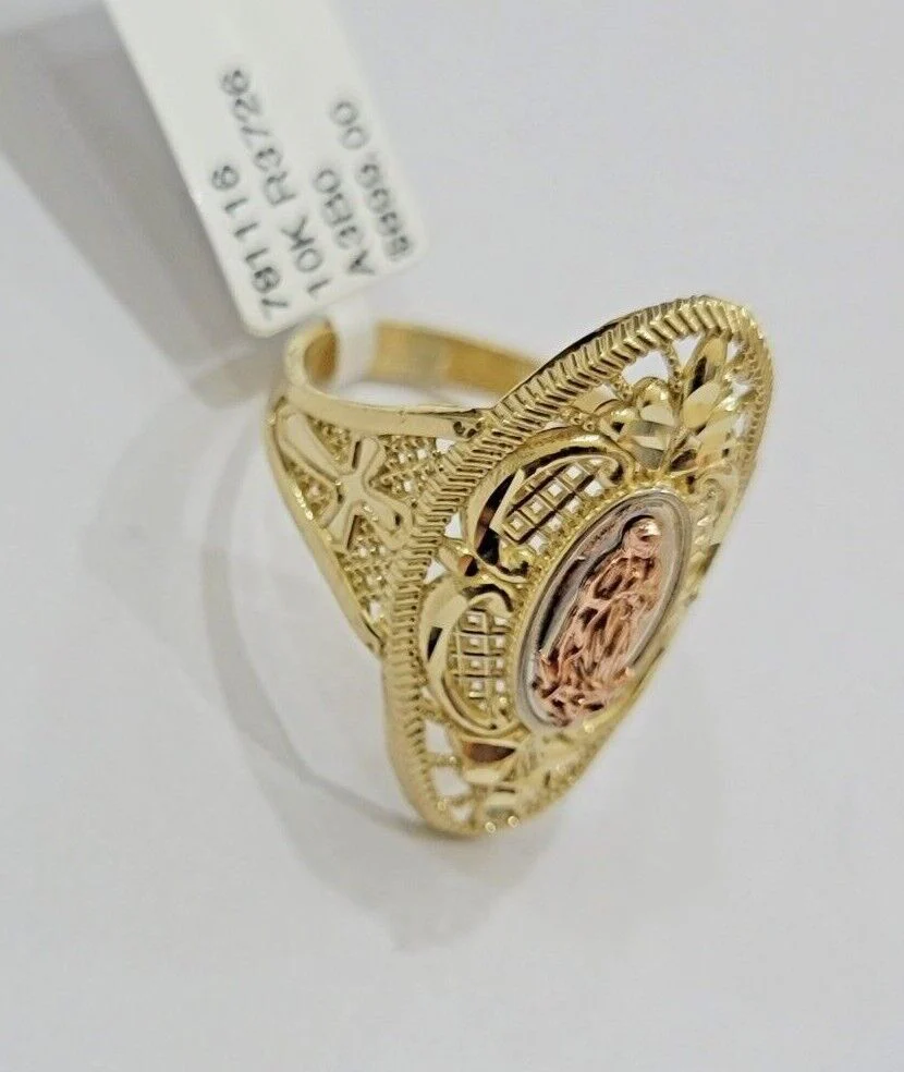 Ladies Ring 10k Yellow Gold Virgin Mary Cross 10KT REAL Gold Unique Size 7 SALE - Image 11