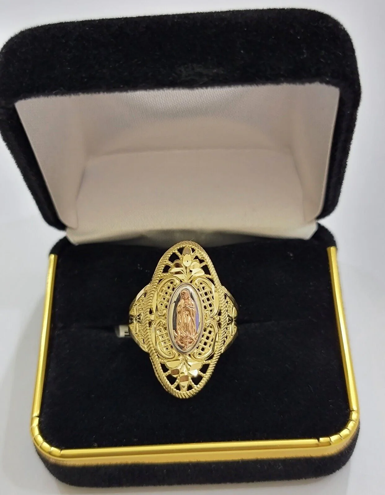 Ladies Ring 10k Yellow Gold Virgin Mary Cross 10KT REAL Gold Unique Size 7 SALE - Image 5