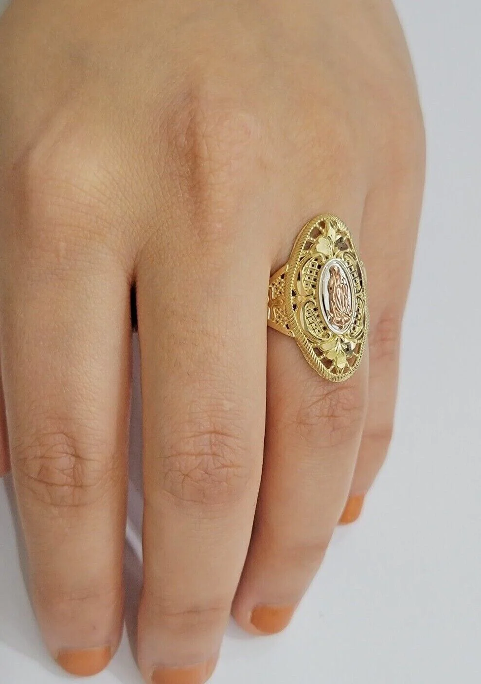 Ladies Ring 10k Yellow Gold Virgin Mary Cross 10KT REAL Gold Unique Size 7 SALE - Image 8