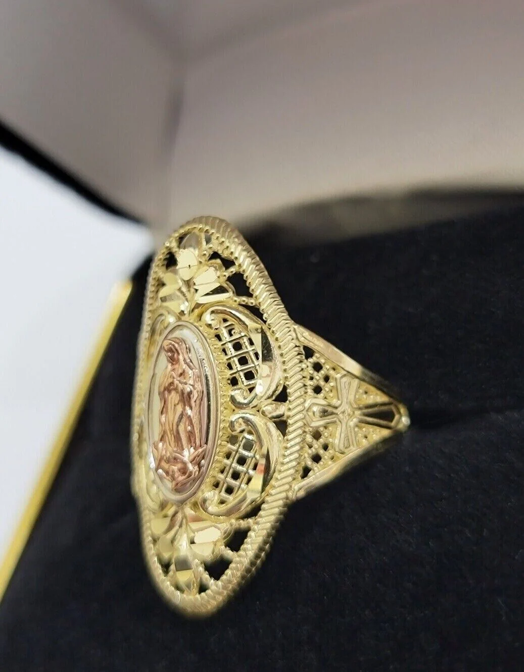 Ladies Ring 10k Yellow Gold Virgin Mary Cross 10KT REAL Gold Unique Size 7 SALE - Image 9