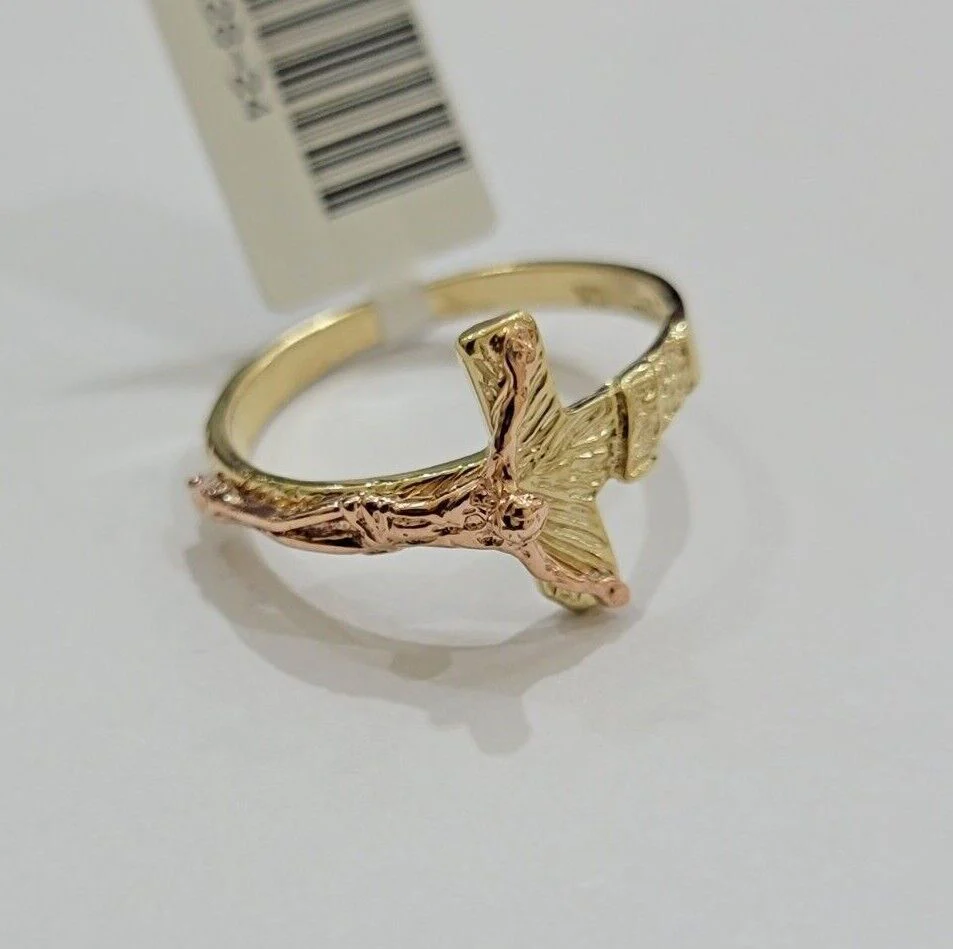 Ladies Ring 10k Yellow Rose Gold Jesus Cross REAL Crucifix Unique Band For SALE - Image 12