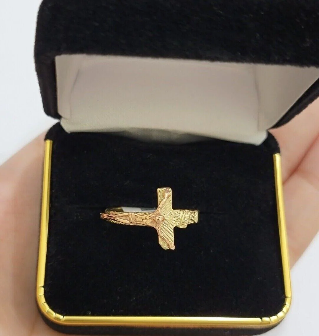 Ladies Ring 10k Yellow Rose Gold Jesus Cross REAL Crucifix Unique Band For SALE - Image 6